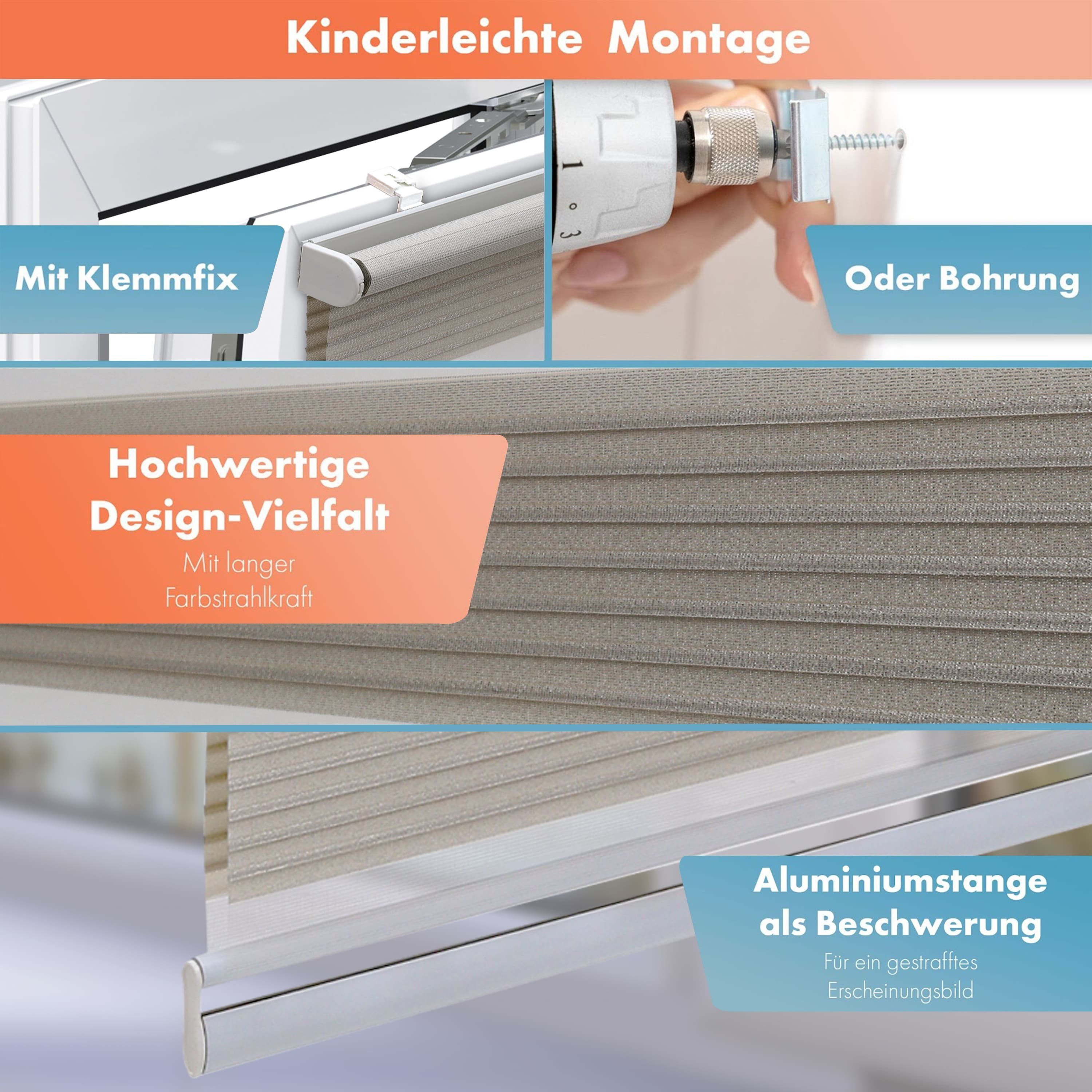 Doppelrollo für Fenster, Klemm freihängend, Glitzer beige Lux, ohne Bohren, Bohren, Bailena, ohne Rollo, Klemmfix, Rollos mit Lichtschutz, Premium-Stoff Duo