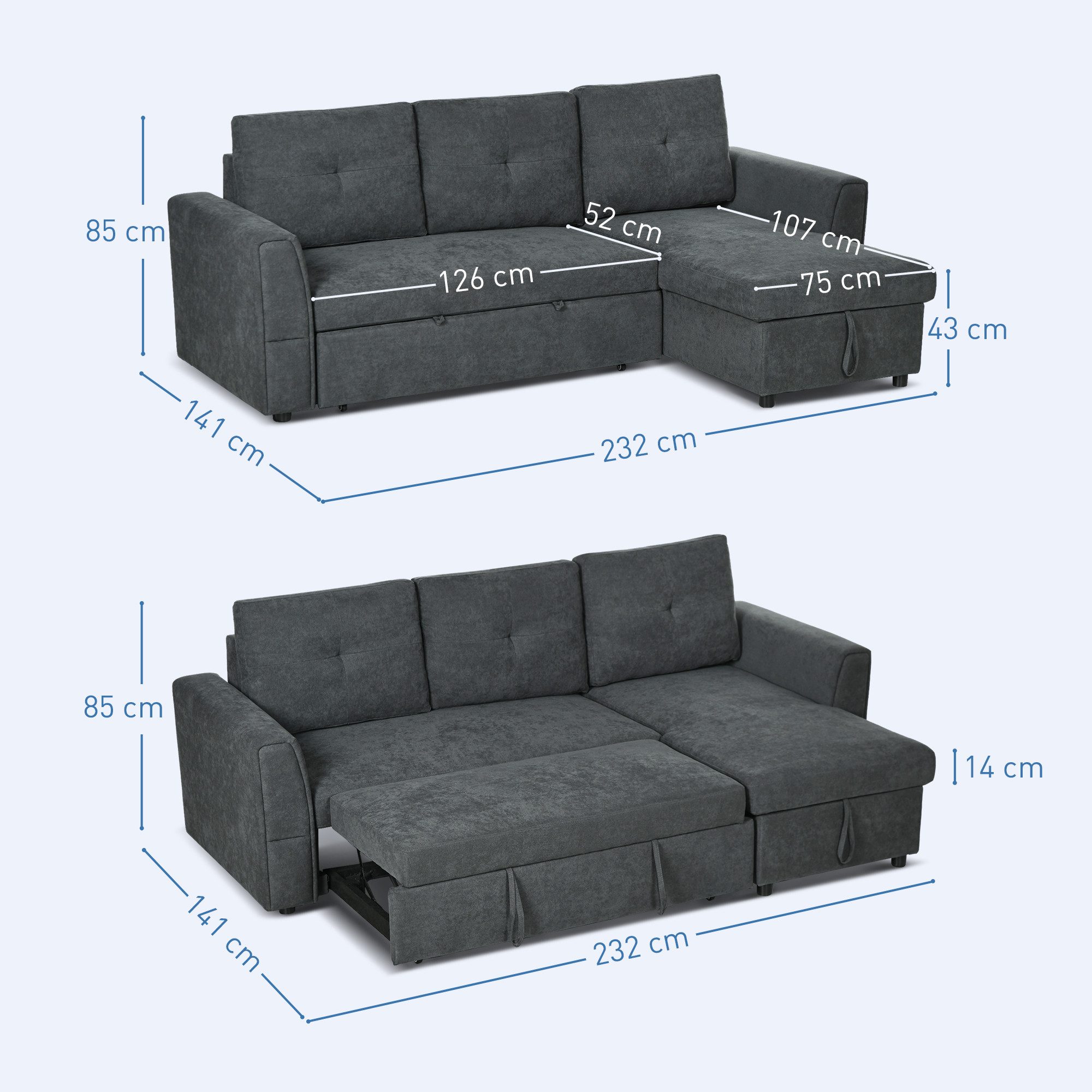 HOMCOM Ecksofa Couch mit Stauraum, Chaiselongue, Leinenoptik, Schlafsofa 1 Teile, Polstersofa für Wohnzimmer, Dunkelgrau