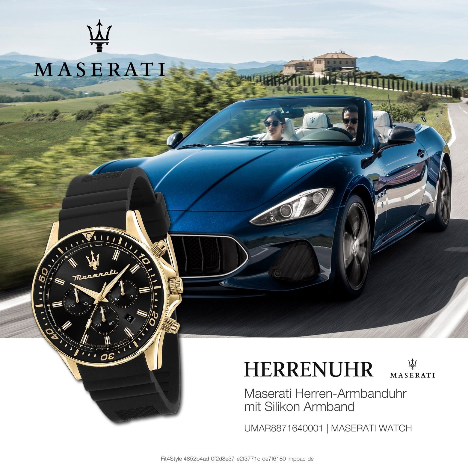 MASERATI Chronograph Maserati Herren schwarz Uhr Made-In groß (ca. rund, Silikonarmband, 44mm) Italy Herrenuhr Chronograph