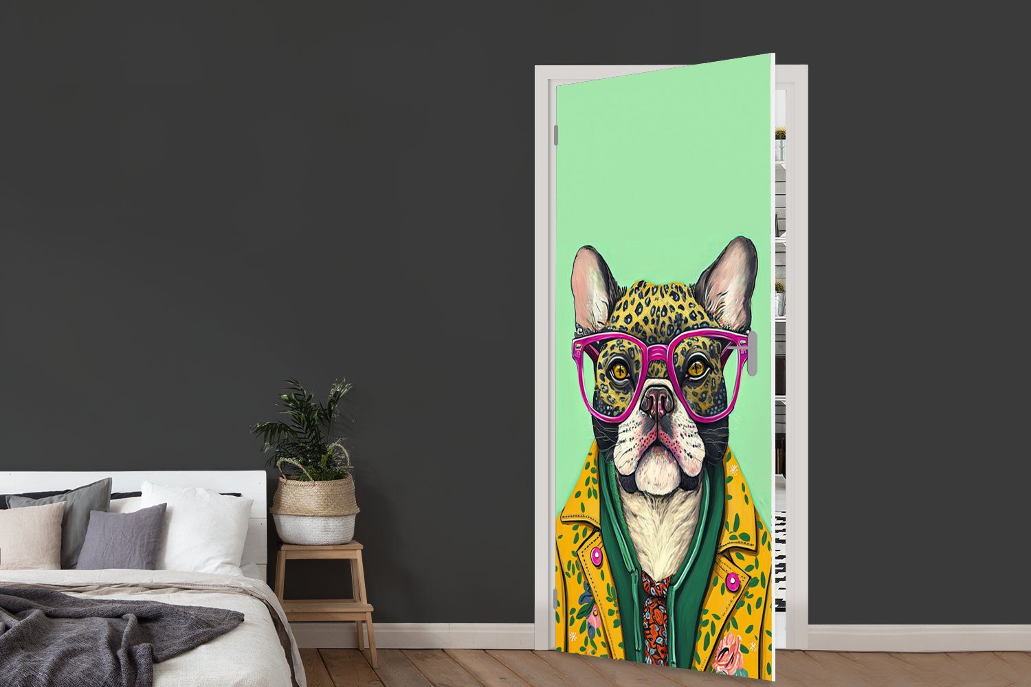 Tür, bedruckt, für MuchoWow Brille, St), 75x205 - - cm Hund Türtapete Fototapete - Hippie (1 Tiere Türaufkleber, Matt,