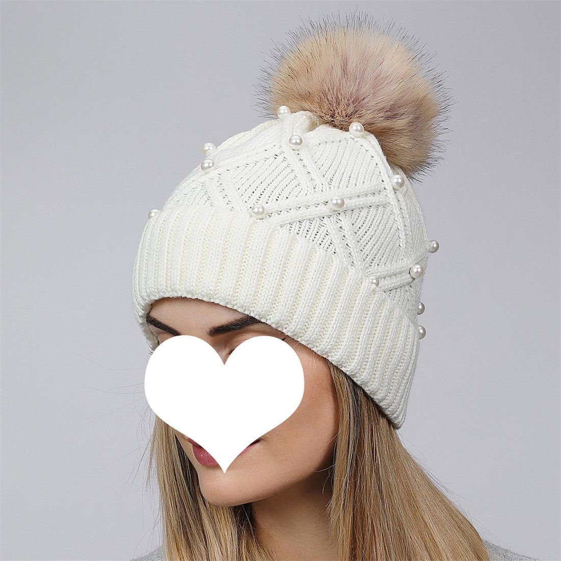 DÖRÖY Strickmütze Women's Fashion Hairball Knitted Cap, Winter Thickened Warm Woolen Cap Weiß