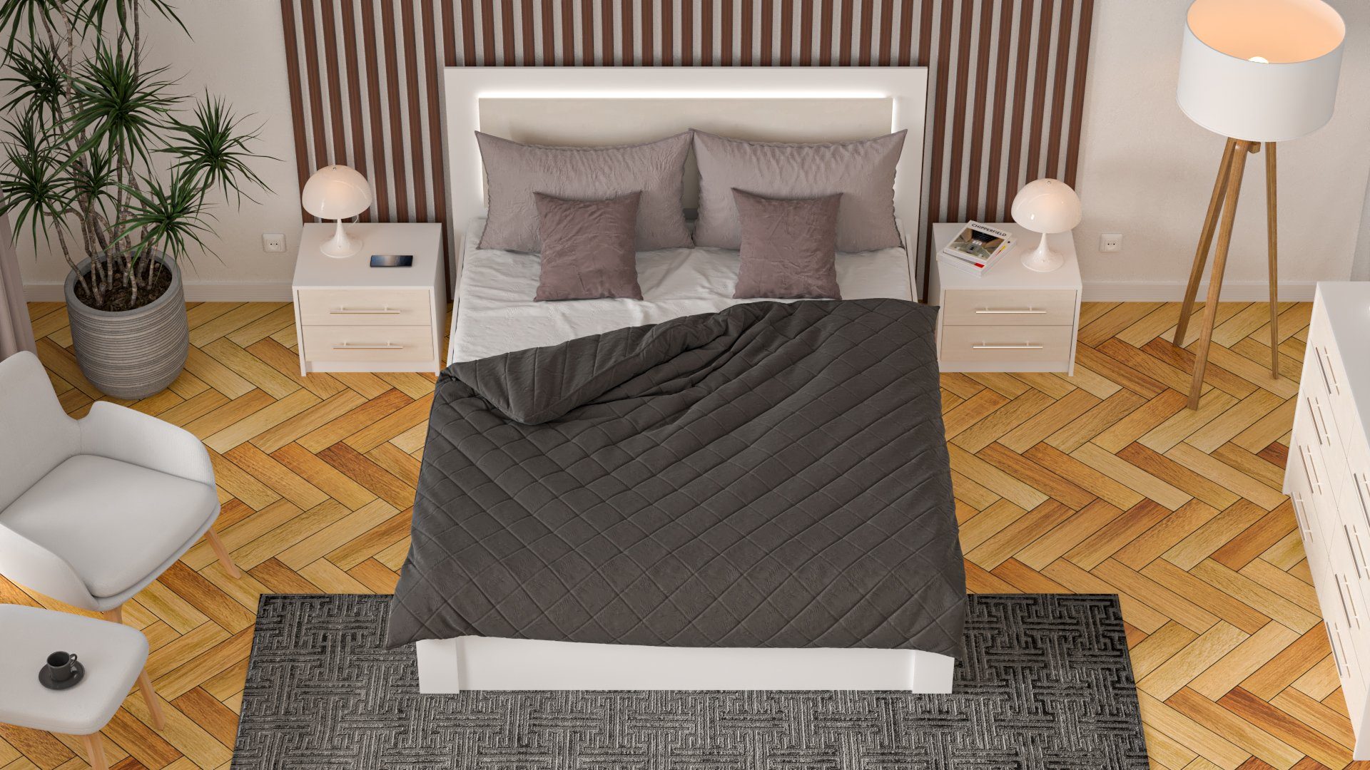 Schublade Modernes - Möbelplatte 200x160 Siblo -, Doppelbetten Doppelbett und Aurora cm LED-Panels - Bett Kopfteil hohem Holzrahmen mit -