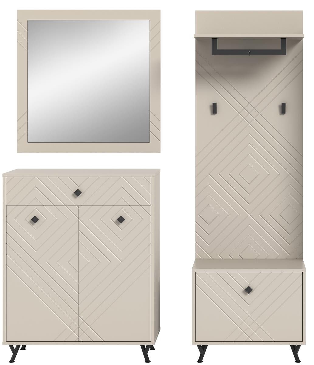 möbelvita Garderoben-Set Memo Garderobenkombination B/H/T 195x190x35 in sandbeige, (1x Sitzbank, 1x Paneel, 1x Schuhkommode, 1x Spiegel klein), Front mit gefrästen Ornamenten