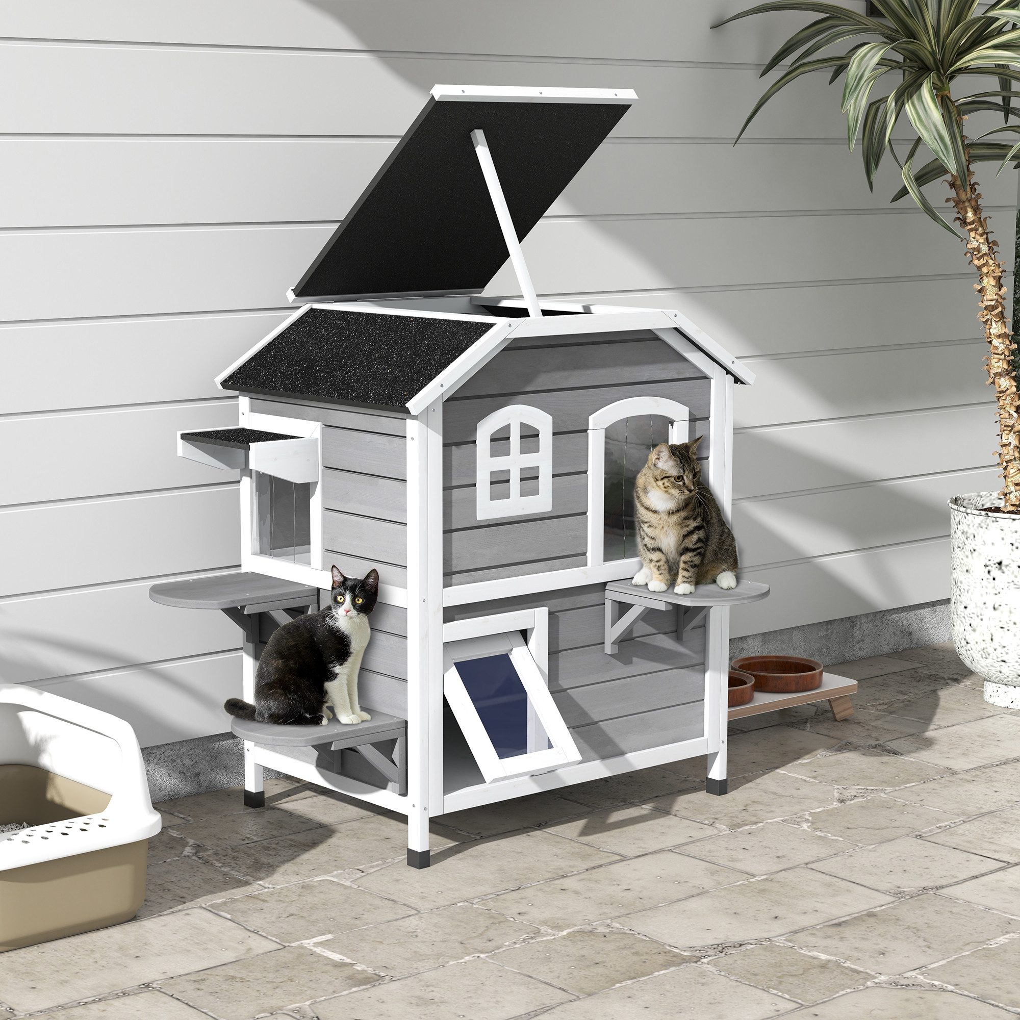 PawHut Tierhöhle Katzenhaus aus Holz 2-Etagen Winterfest wasserdicht, für Garten, Balkon, Grau