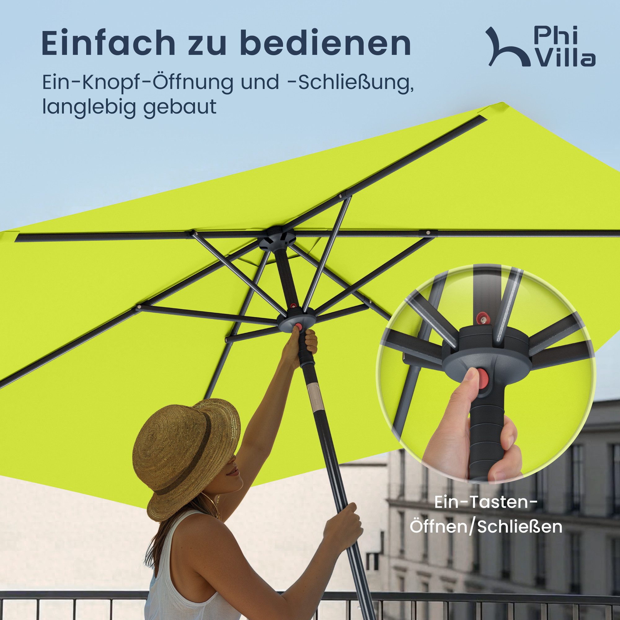 PHI VILLA Sonnenschirm, LxB: 230x220 cm, Gartenschirm UV50+ Schutz für Balkon Terrasse Balkongeländer Tisch, Regenschirm Rund mit Klemme Kippbar Windfest Stabil zum Mitnehmen
