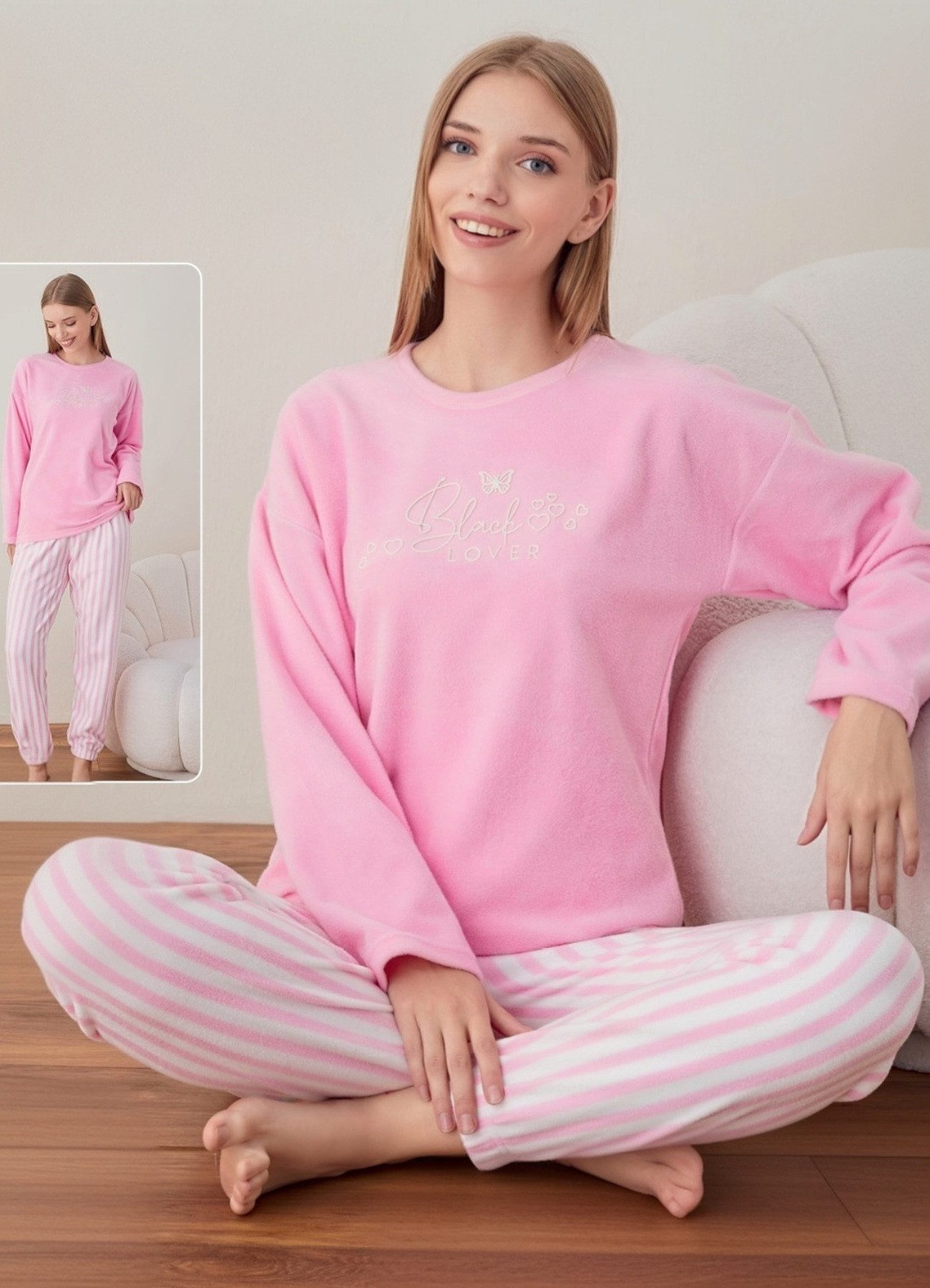 fashionshowcase Pyjama Damen Velours Schlafanzug Soft Samt 100% Baumwolle (2-teilig, Pyjama-Set bestehend aus Oberteil und Hose) Plüsch-Fleece 6 Designs, warm und kuschelig