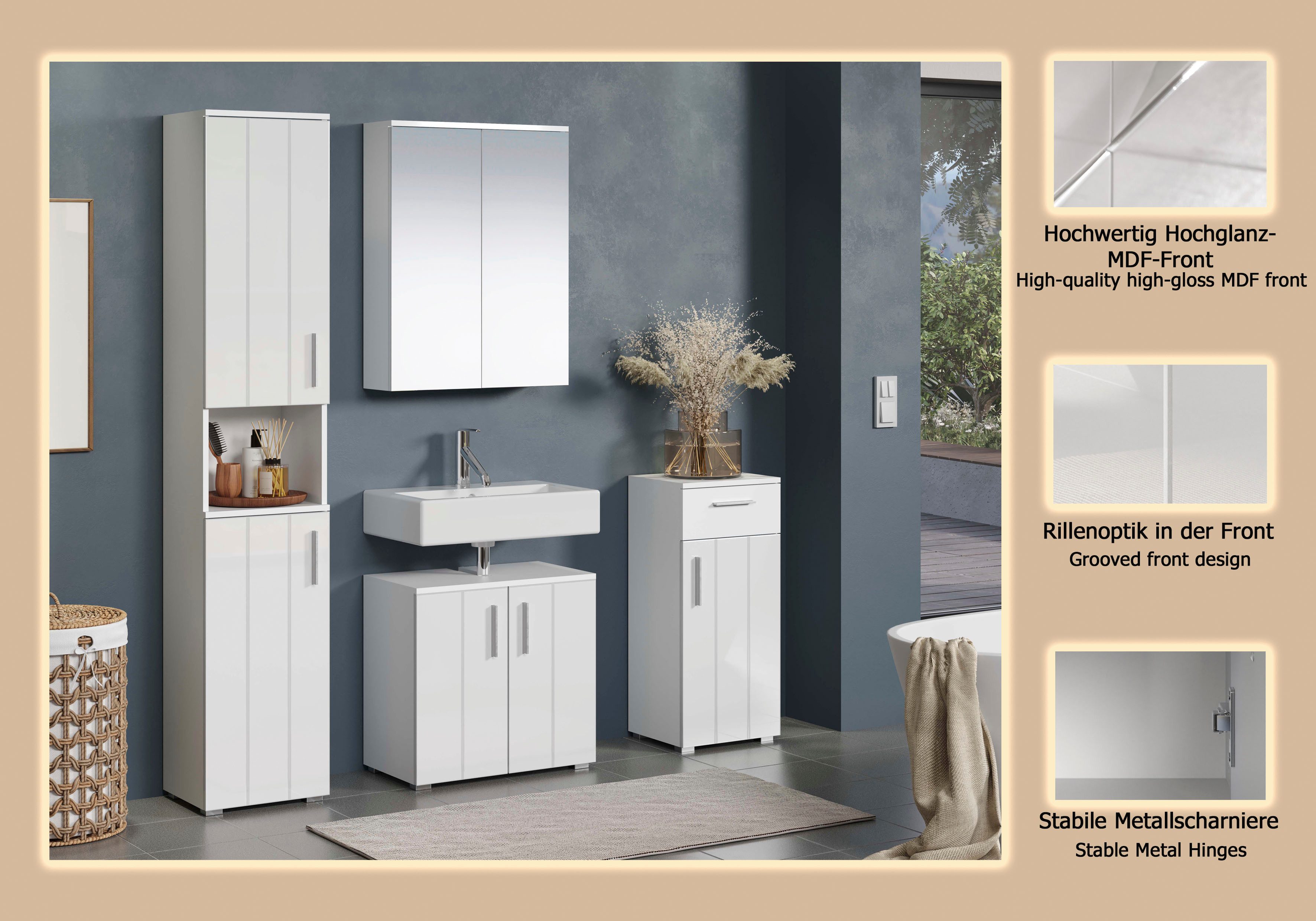 welltime Badezimmer-Set Prag, (Set, 4-St), Komplettset bestehend aus: Hochschrank, Spiegelschrank, Standschrank