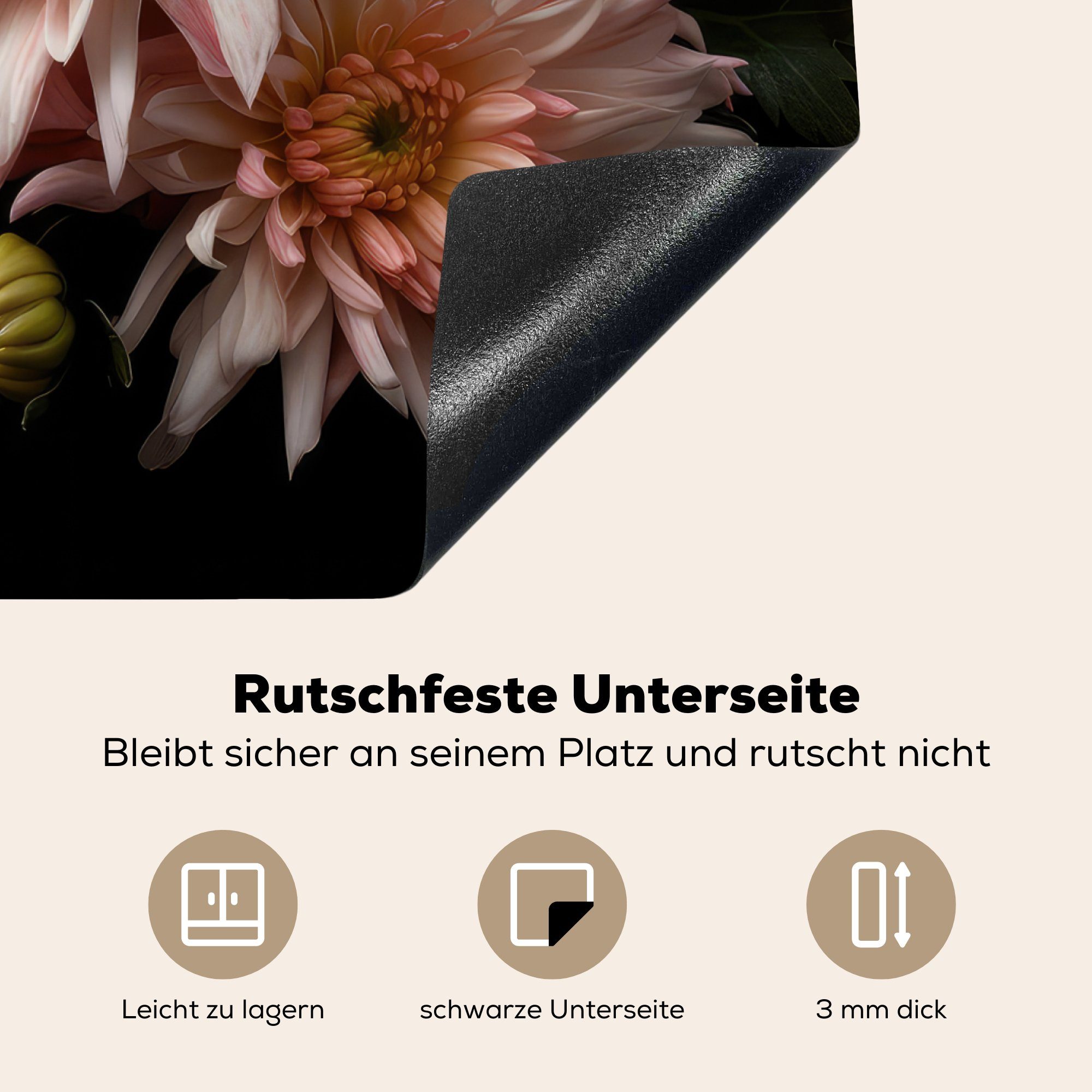 Mobile Herdblende-/Abdeckplatte tlg), Chrysantheme - Arbeitsfläche Blumen Schwarz, Natur MuchoWow - cm, - 60x52 - Vinyl, Weiß (1 nutzbar, Ceranfeldabdeckung