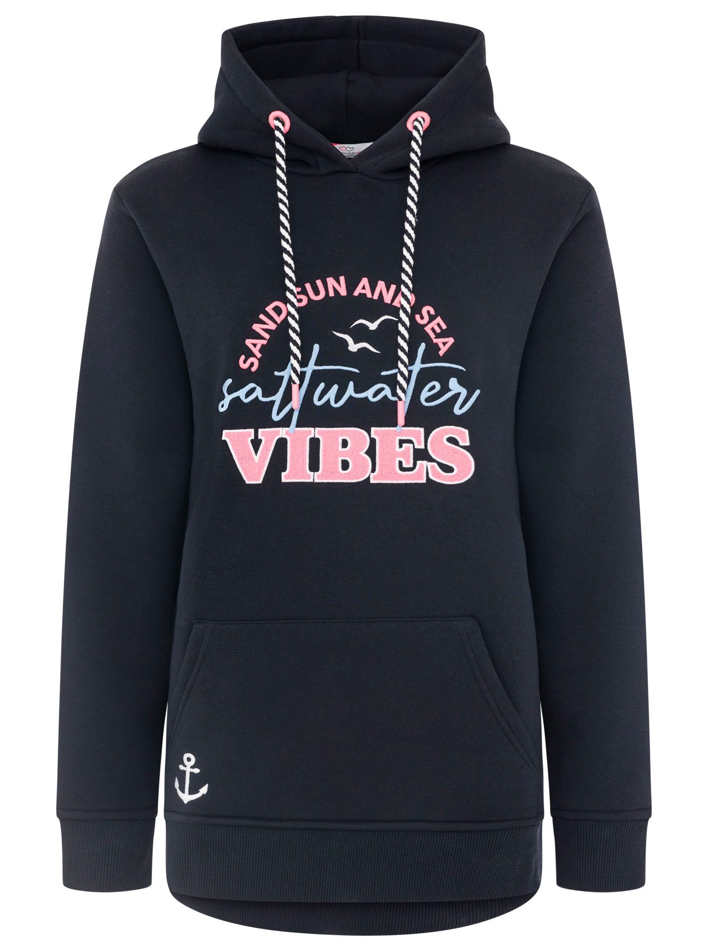 Zwillingsherz Hoodie "Saltwater Vibes" maritime Front-Stickerei, Kapuze mit gestreifter Kordel, Kängurutasche