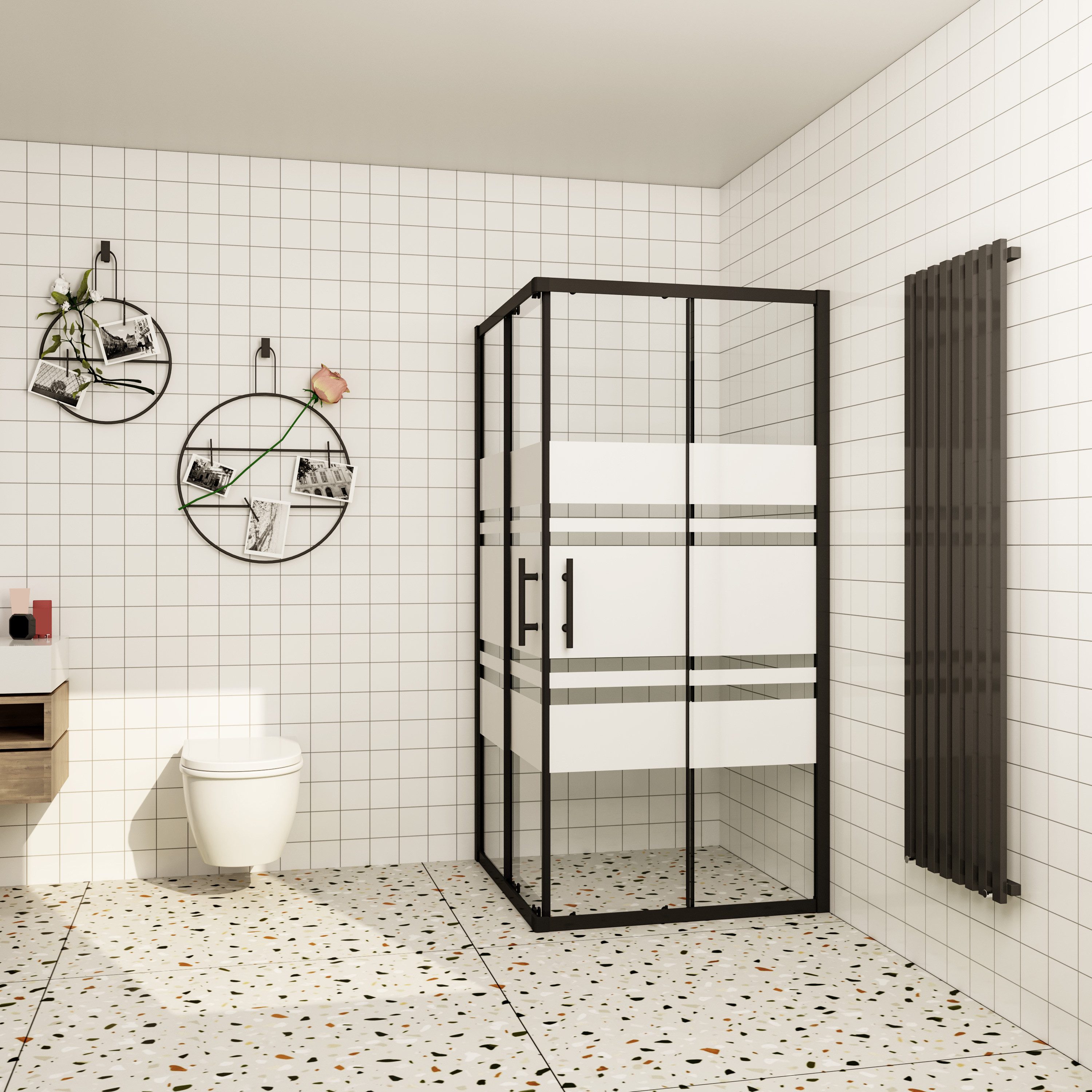 duschspa Eckdusche Duschkabine Eckeinstieg Schiebetür Glas mit weißen Ornamenten Schwarz, BxT: 80x80 cm, Sicherheitsglas, ebenerdiger Einbau möglich