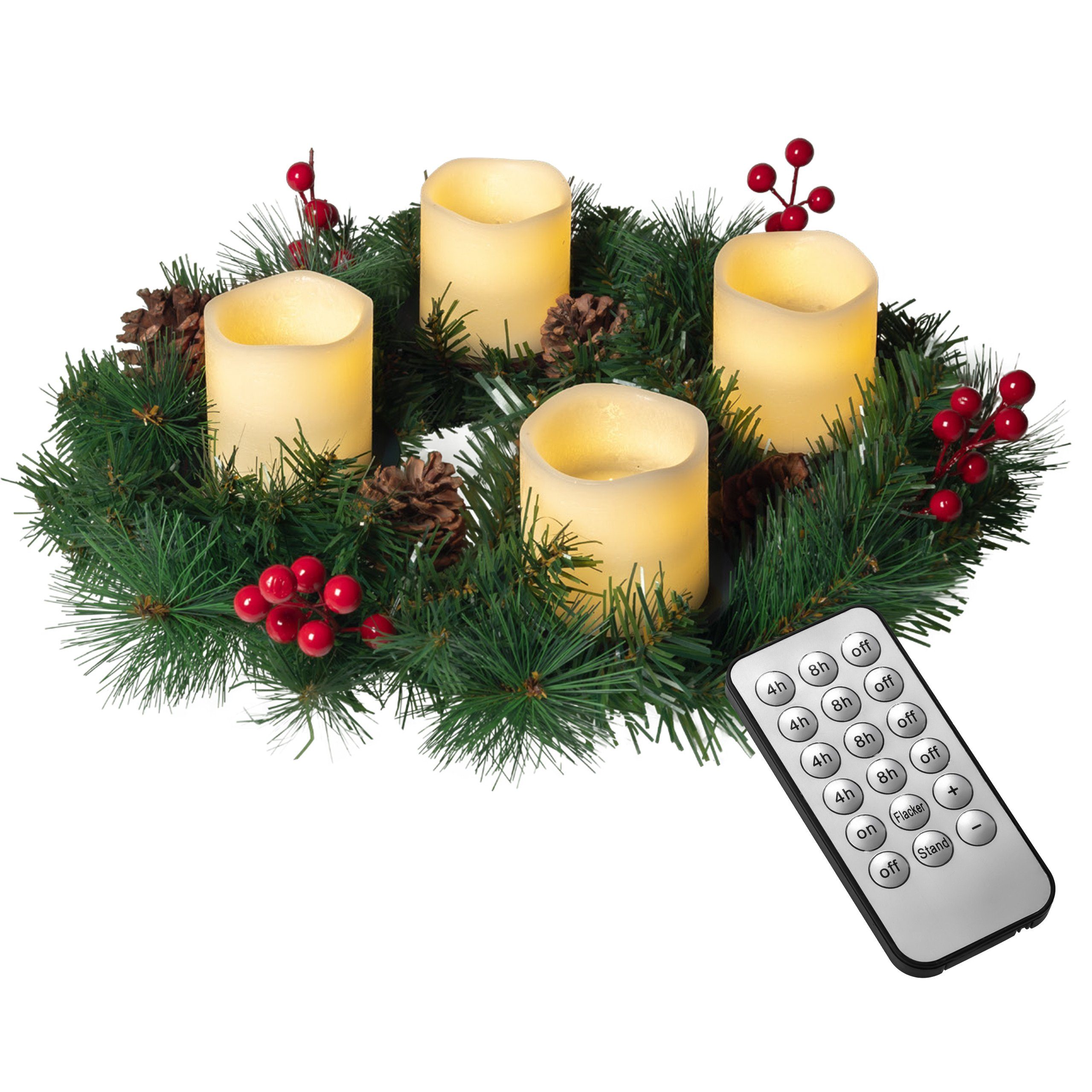 IC Winterworld Adventskranz Künstlicher Adventskranz Ø 45 cm mit 4 LED Kerzen aus Echtwachs, praktische Fernbedienung mit Timer und Lichtfunktionen, nadelfrei