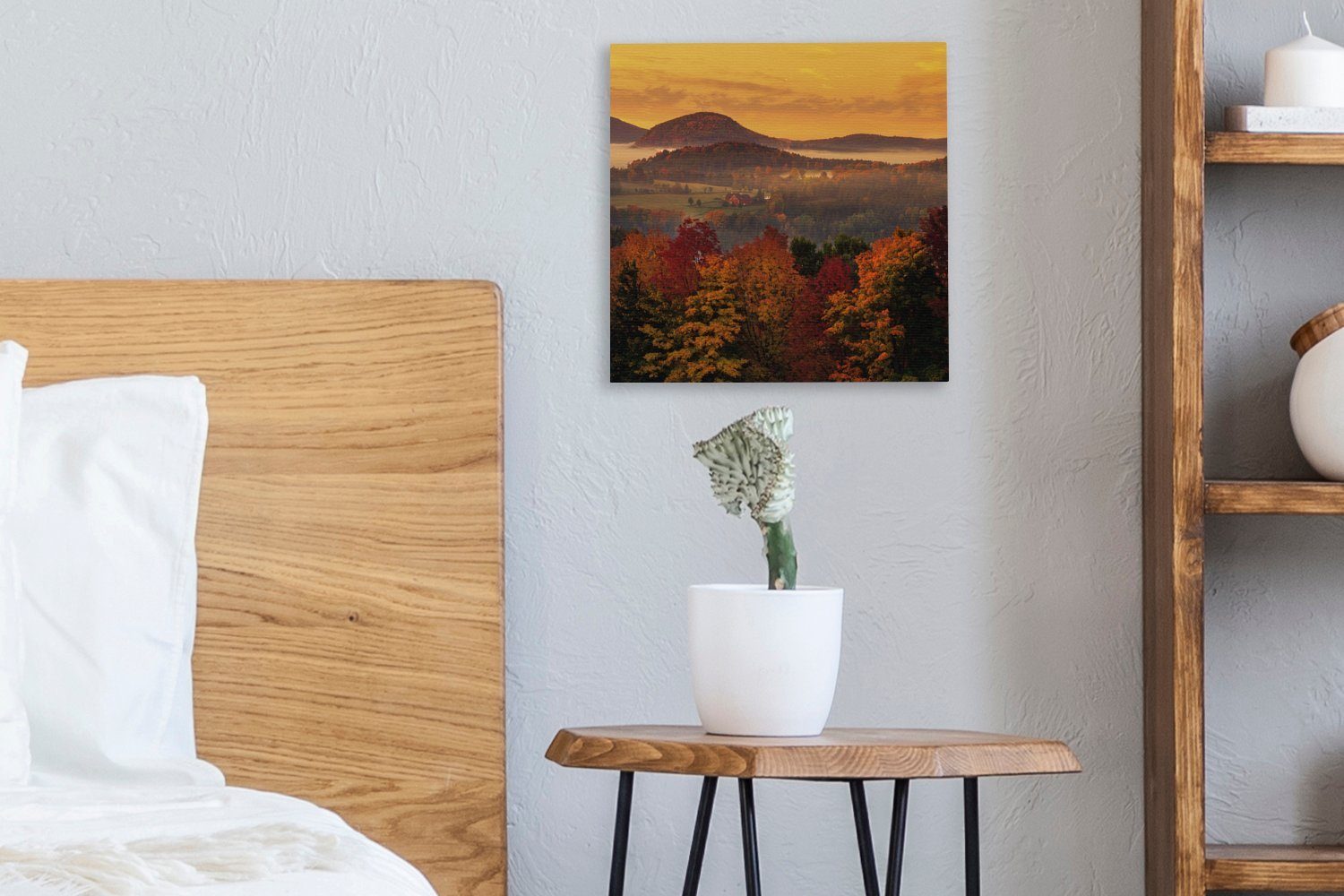 OneMillionCanvasses® Leinwandbild Blick auf für orangefarbenen Leinwand St), einen mehrere Wohnzimmer Bilder Schlafzimmer und Ahornbäume Himmel, (1