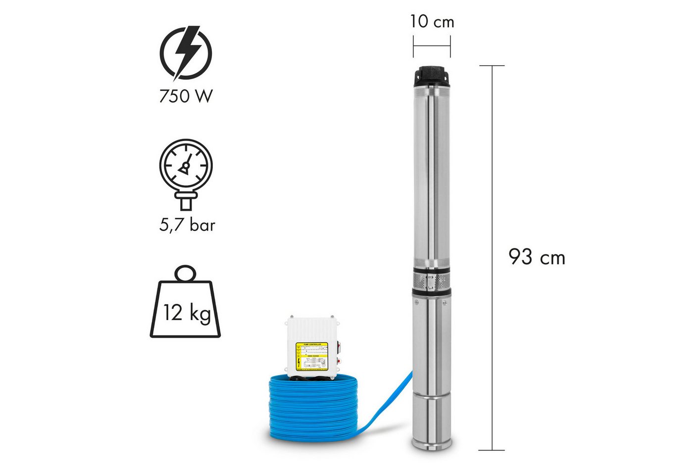 Thumbnail - EBERTH Tiefbrunnenpumpe 4" aus rostfreiem Edelstahl, Elektrisch 750W, Durchmesser Pumpe 4 Zoll (Anschlussgewinde 1 1/2 Z...