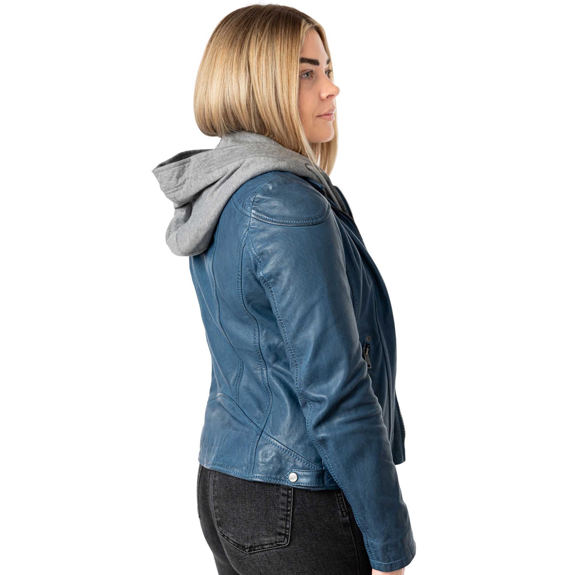 Mauritius Lederjacke MWAmmy Mauritius - Damen Lederjacke Lammnappa Kapuze blau