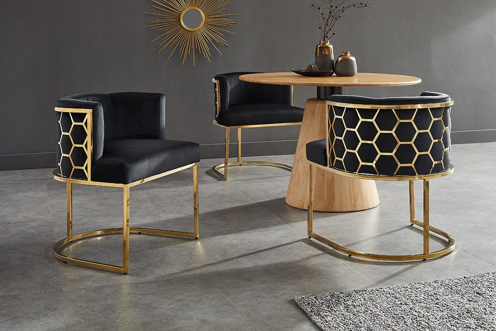 riess-ambiente Polsterstuhl ELEGANCE schwarz / gold - Samt, Edelstahl, Wabenmuster, gepolstert (Einzelartikel, 1 St), Esszimmerstuhl - ideal für glamouröse Küchen, Wohn- und Essbereiche