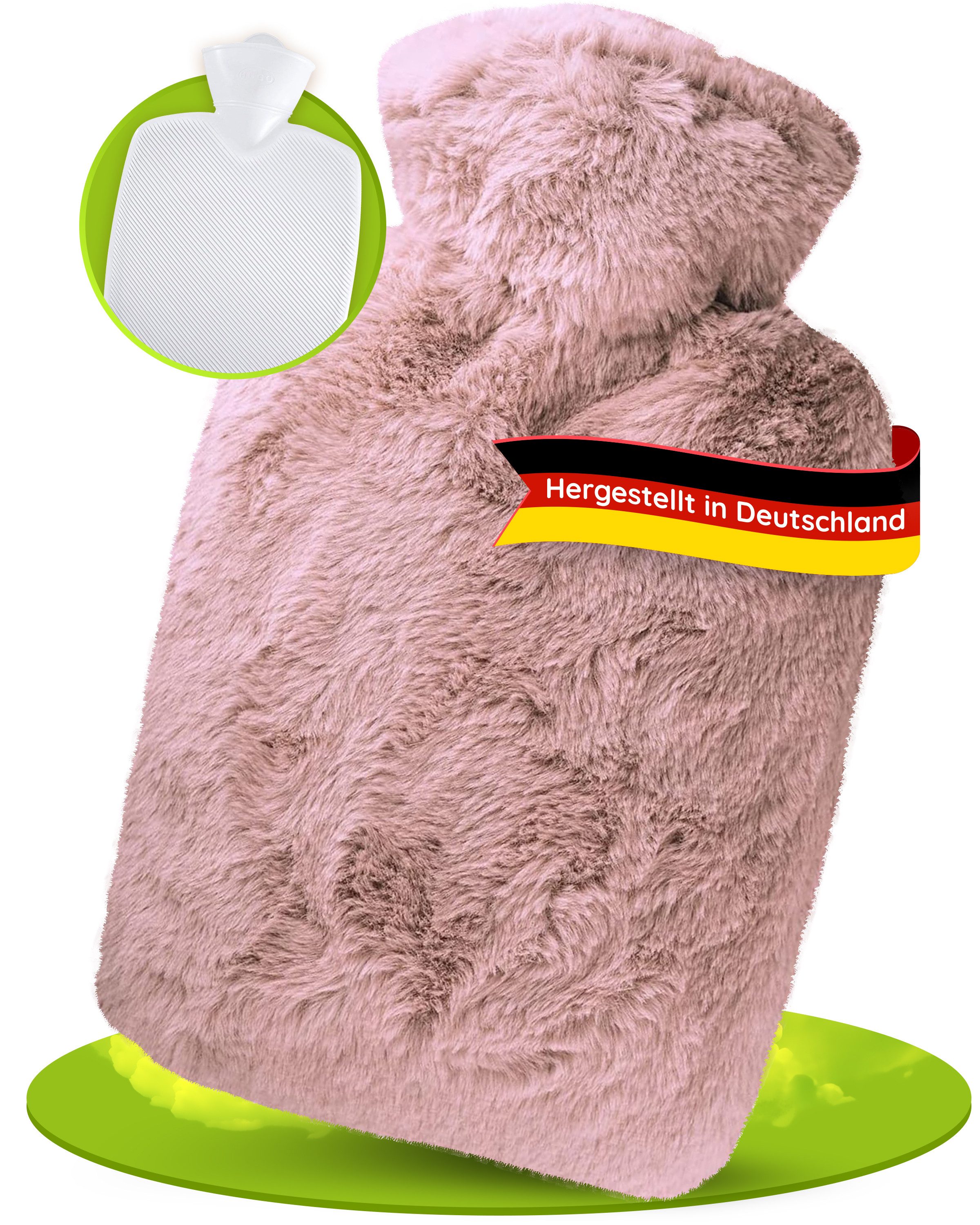 Hugo Frosch Wärmflasche Klassik 1,8 l Made in Germany mit Bezug Langhaar-Flausch, Rosé - langlebige Bettflasche, waschbarer Überzug