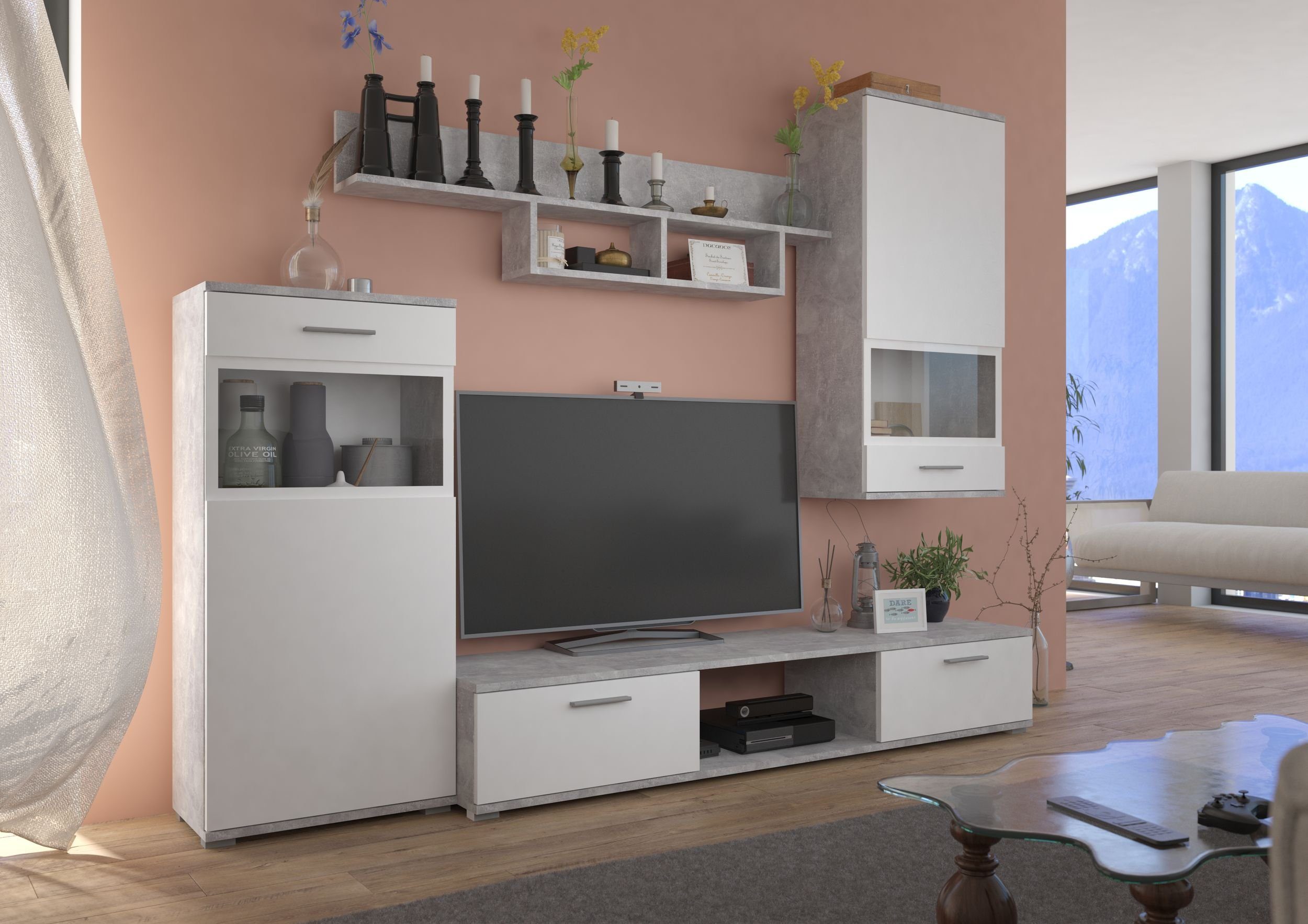 Wohnwand Blues Schrankwand Anbauwand Wohnzimmer Weiss matt + Beton hell Optik
