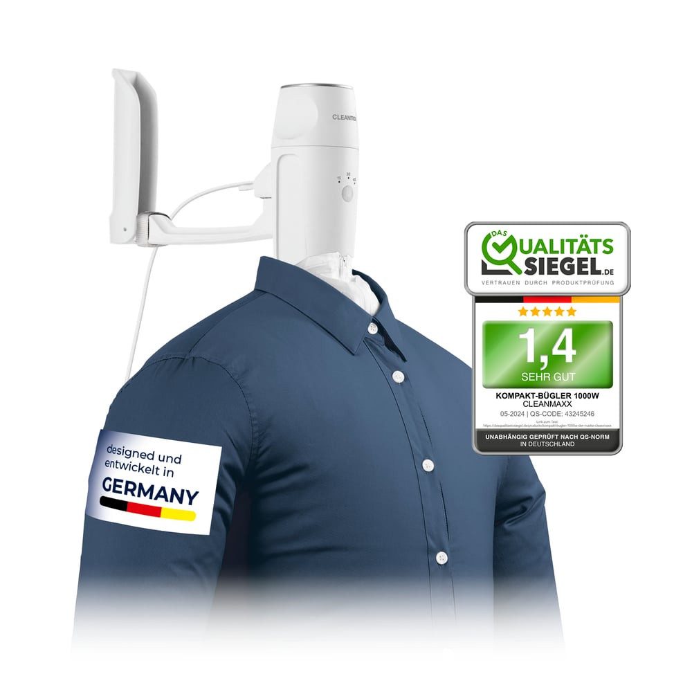 CLEANmaxx Reisebügeleisen Hemdenbügler PRO KOMPAKT 1000 W, 1000 W, Hemden Blusen Oberteile bügeln faltenfrei mit Türbefestigung