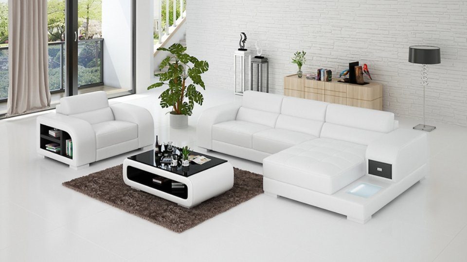 Wohnlandschaft JVmoebel Sessel + Ecksofa Ledersofa Couch Sofa Design Ecksofa,