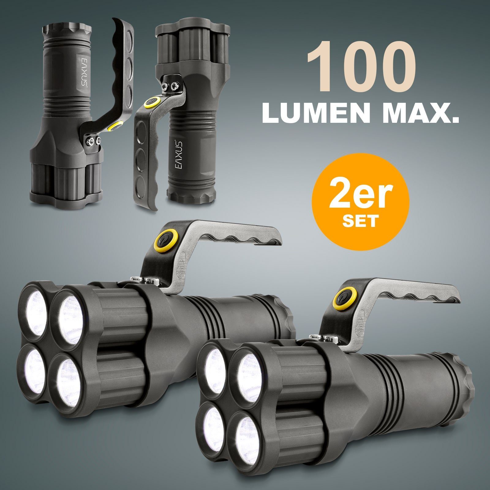 EAXUS LED Taschenlampe Leuchtstarker Handstrahler/Handscheinwerfer mit Griff (2-St), Extrem Hell, 200m Reichweite, 3 Leuchtmodi, Spritzwassergeschützt