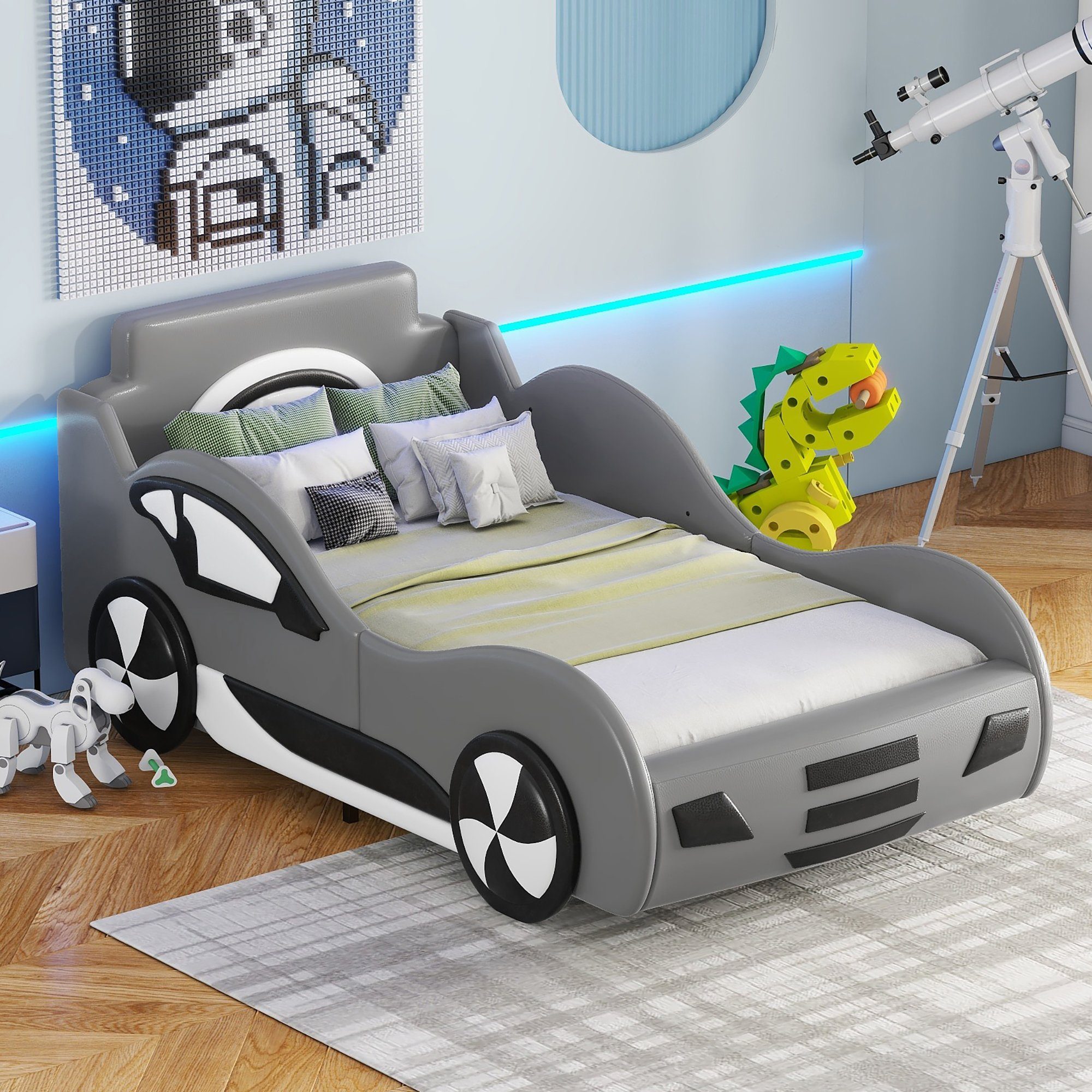 Schwarz mit Kinderbett Polsterbett mit Autobett 90x200cm Merax Rennwagen, Lattenrost, Stauraum, und gepolstert Kunstlederbezug