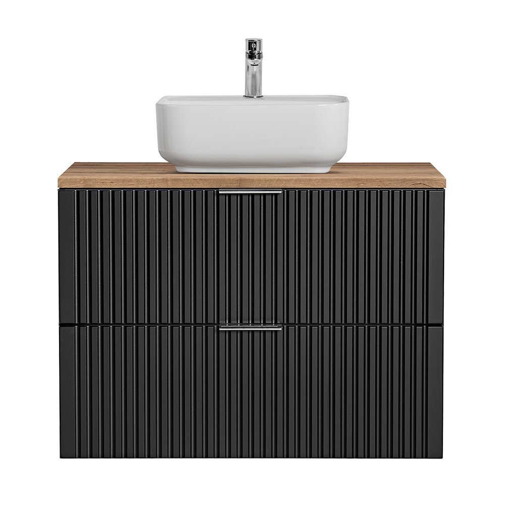Lomadox Waschtisch ADELAIDE-56-BLACK, schwarz matt gerillt, Platte in Eiche Nb., mit Keramik-Waschbecken
