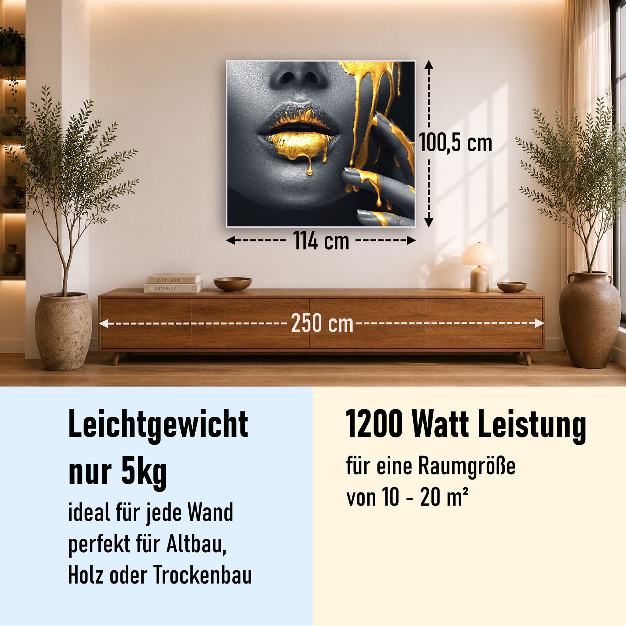 STEINFELD Heizsysteme Infrarotheizung Bild 1200W, 114x100cm, Made in Germany, 7 Jahre Garantie, mit Thermostat, Silber