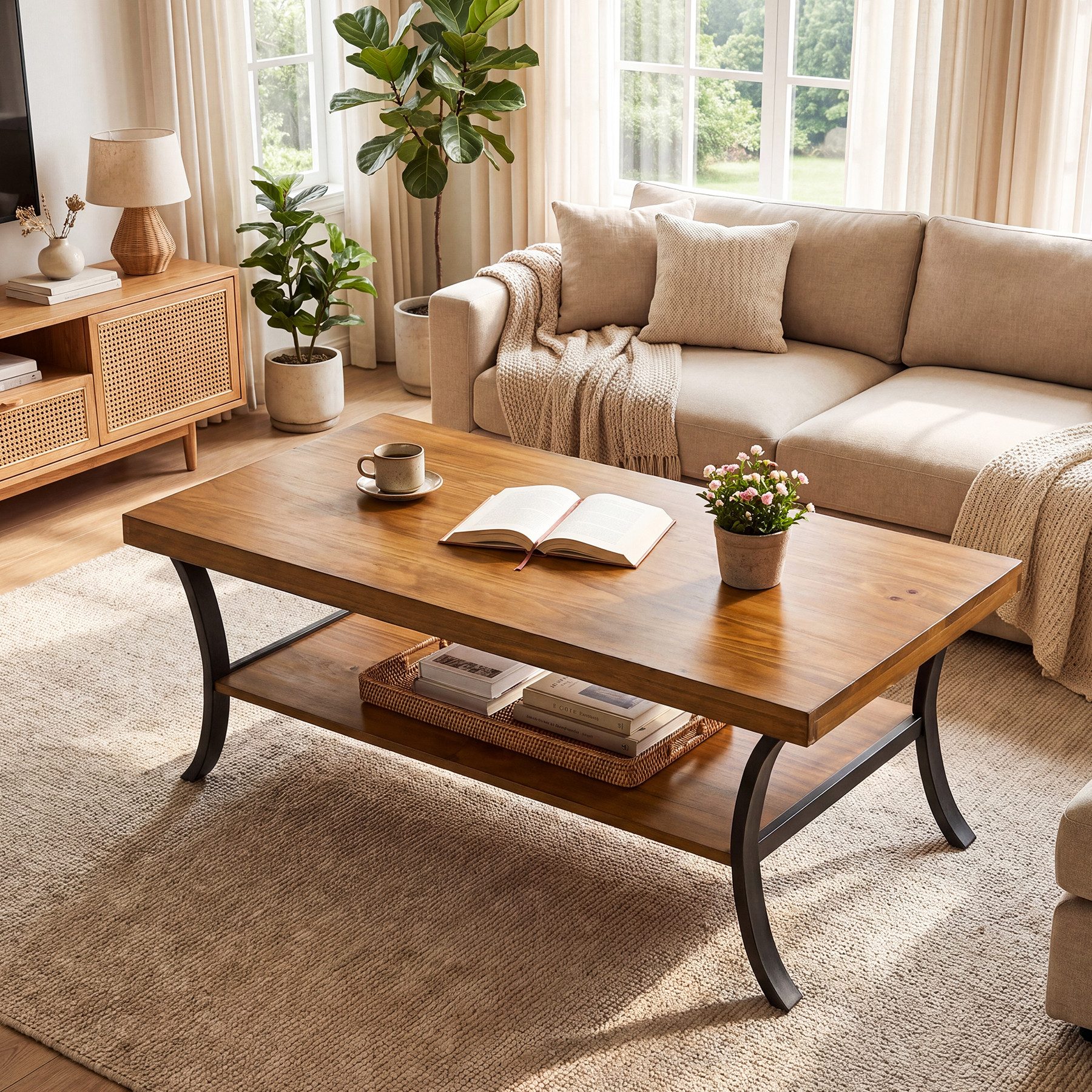 Tribesigns Couchtisch Massivholz 120 cm Wohnzimmertisch 2 Ebenen, mit gebogenen Metallbeinen