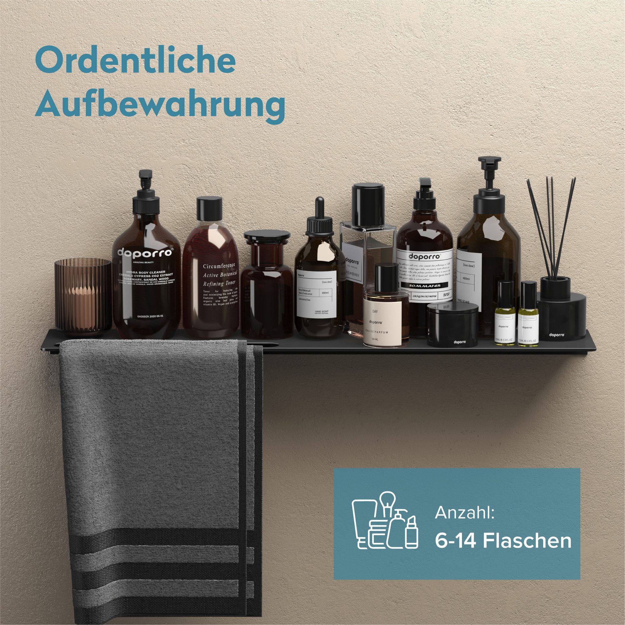 doporro Duschablage Duschregal aus Aluminium selbstklebende mit Handtuchhalter Reglo-06, zwei Montagemöglichkeiten; Ablage + Handtuchhalter (2-in-1)