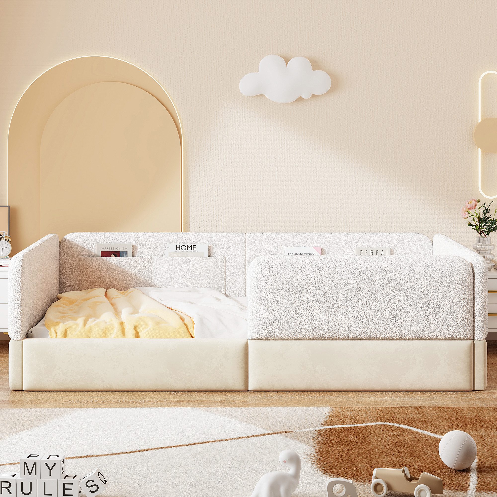 STILVORA Polsterbett 90x200 mit Sicherheitsgeländer Kinderbett Schlafsofa, weiß (Gepolstertes Plattformbett 90 × 200 cm, Weiß, Samtstoff, PU-Untergestell, Holzrahmen), Schutzgeländer, Aufbewahrungstaschen, stabiles Holzgestell
