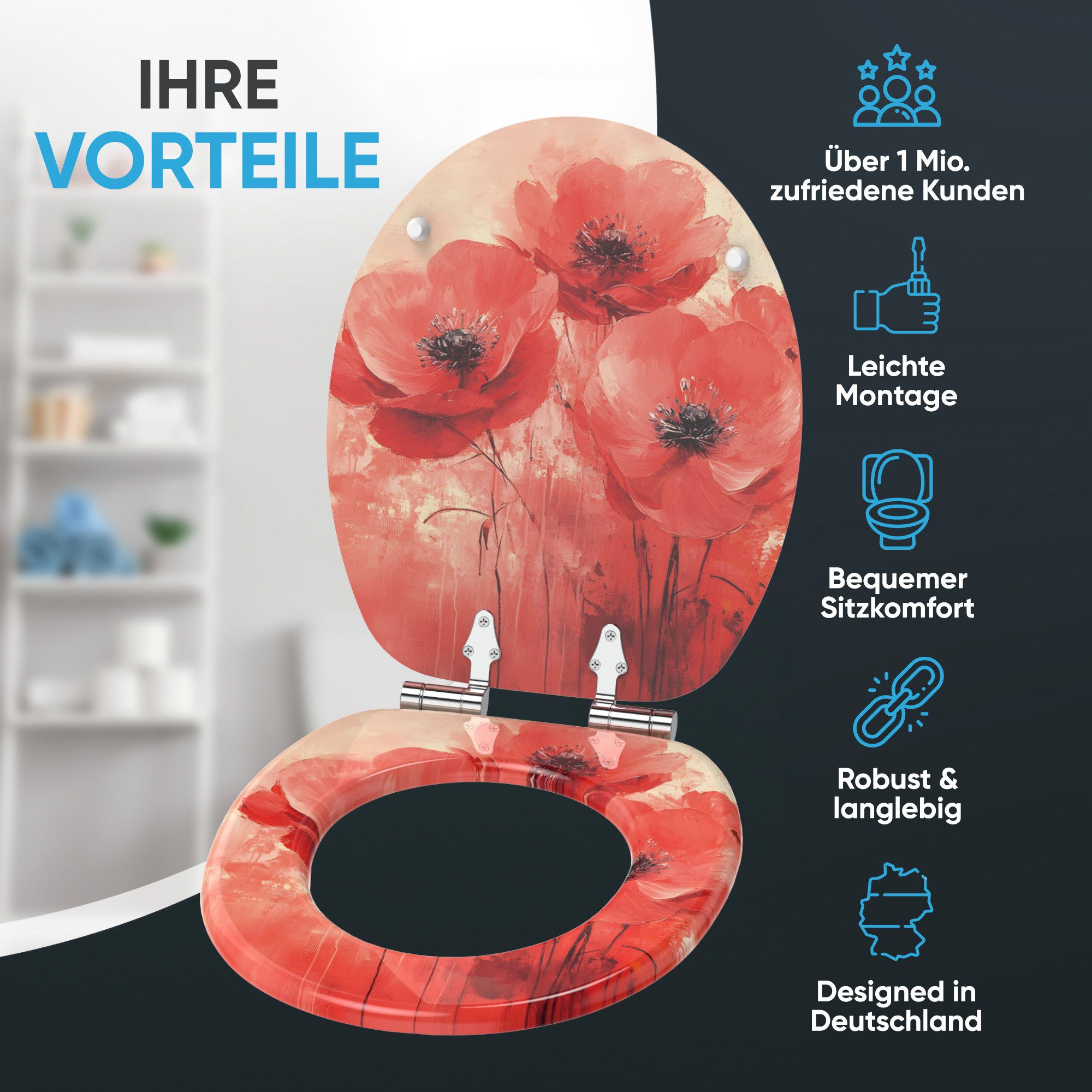 Sanilo WC-Sitz Poppy mit Absenkautomatik, Toilettendeckel direkt vom Hersteller, hochwertig & moderner Klodeckel mit Motiv, universell, leichte Montage
