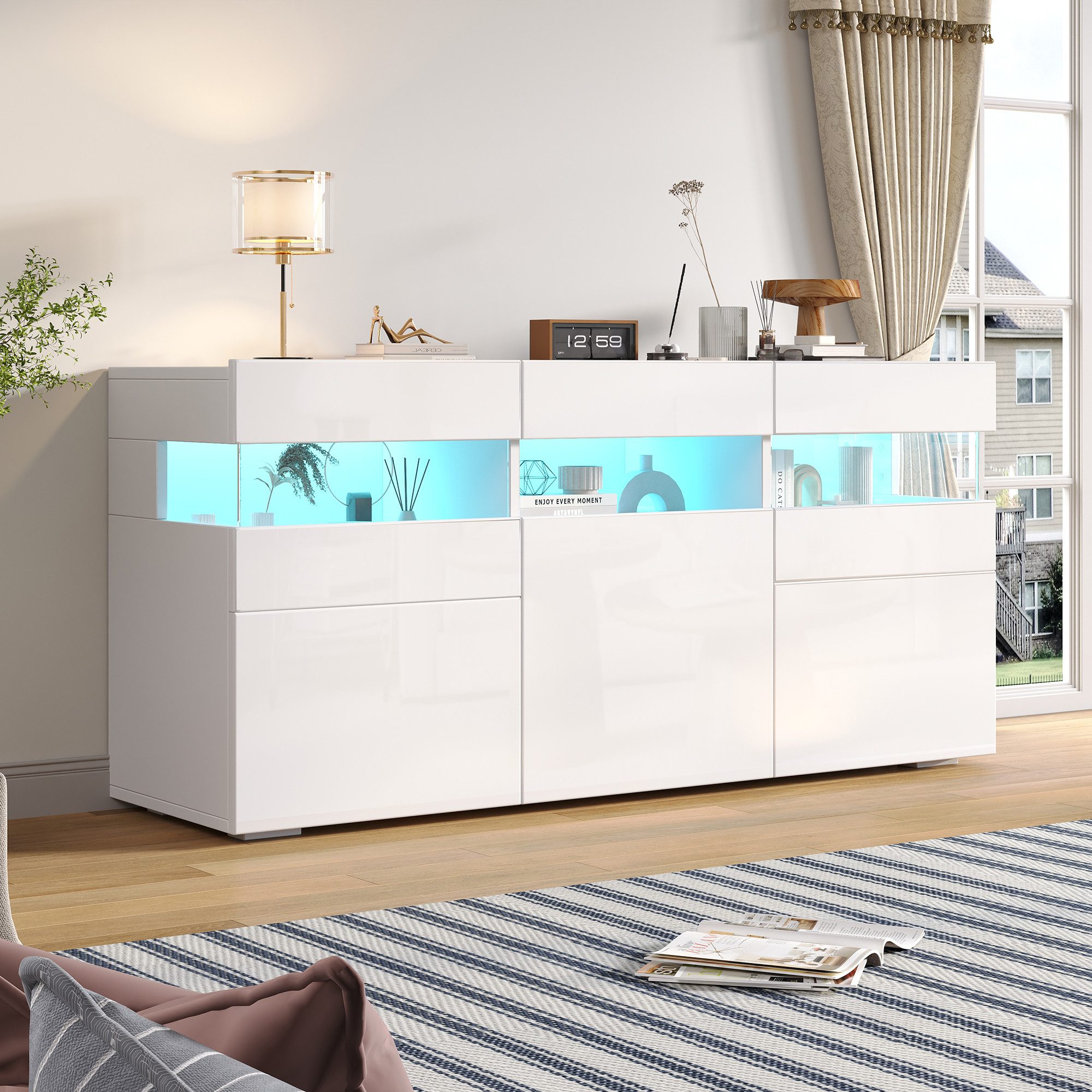 Merax Sideboard mit LED-Lichtleiste, Anrichte in Weiß mit Hochglanzfront (1 St., 140*40.5*66.5cm), Wohnzimmerschrank Kommode mit 3 Türen, 7 Ablagefächern, Acryl-Elemente