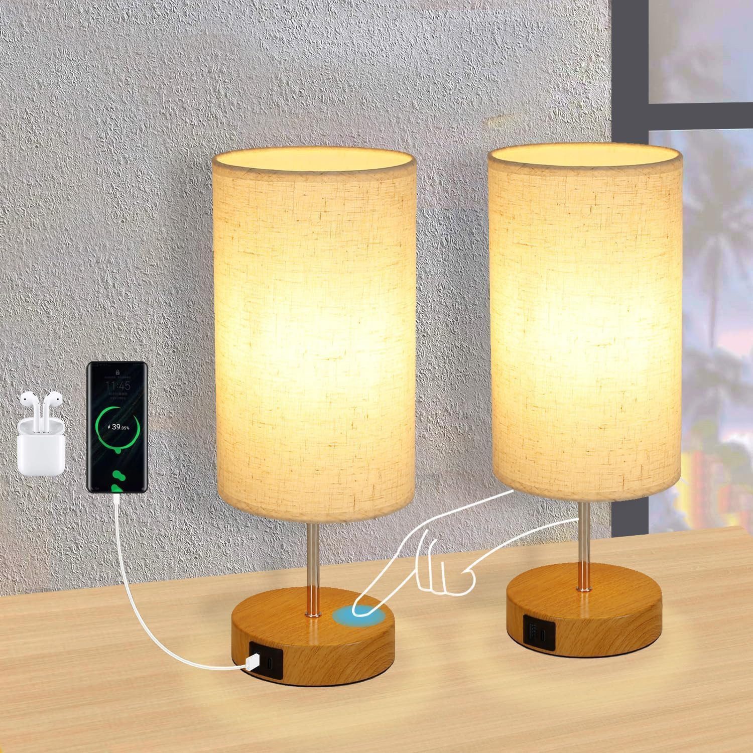 Nettlife Tischleuchte Type-c und USB Tischlampe mit Stoff Lampenschirm, mit günstig online kaufen