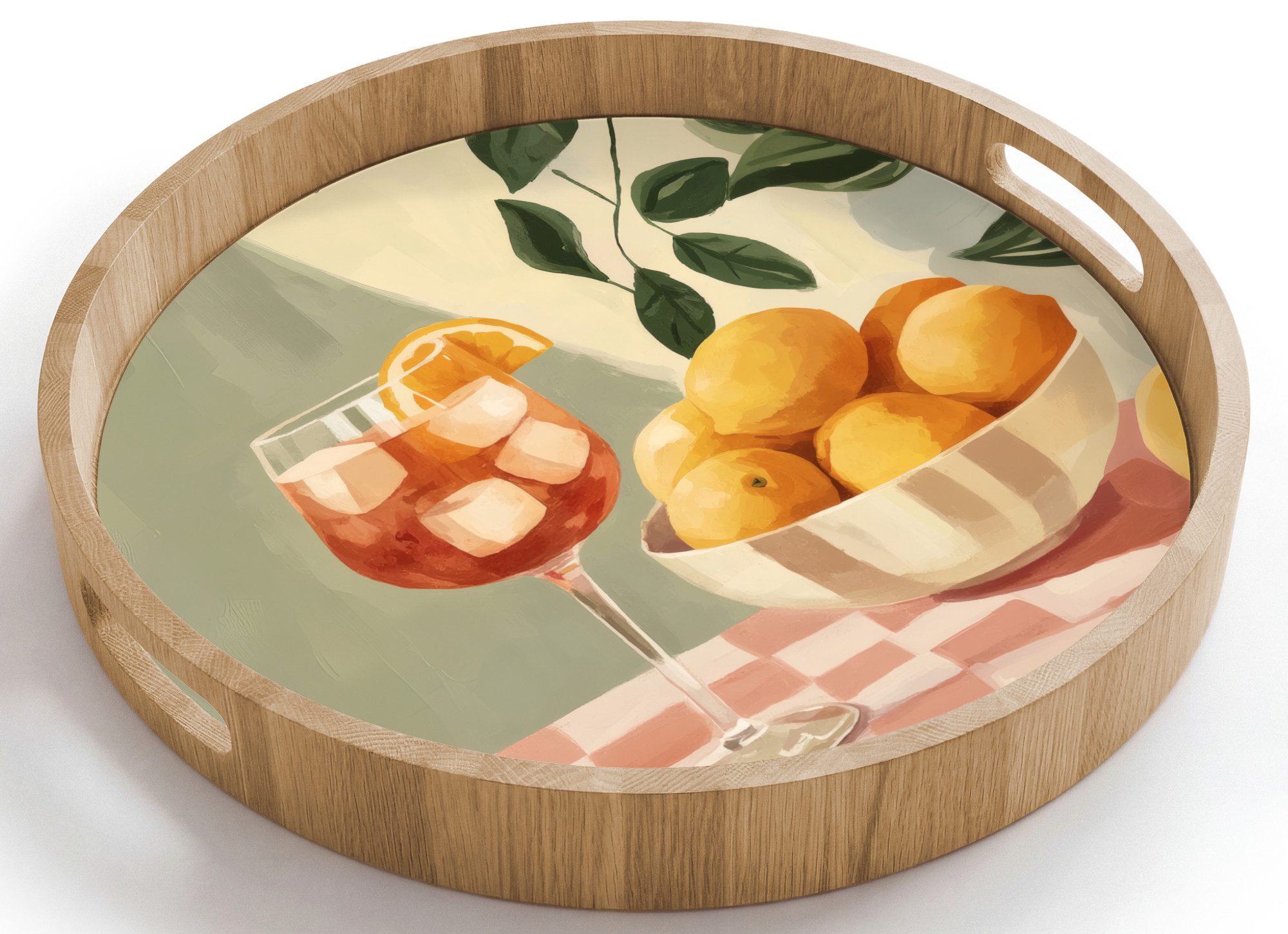 OnlyWow Tablett Rund mit Henkel Zitronen - Glas - Tischtuch - Blockiert, Eichenholz, (1-tlg), Siervierplatte, Tray, Frühstücksbrett