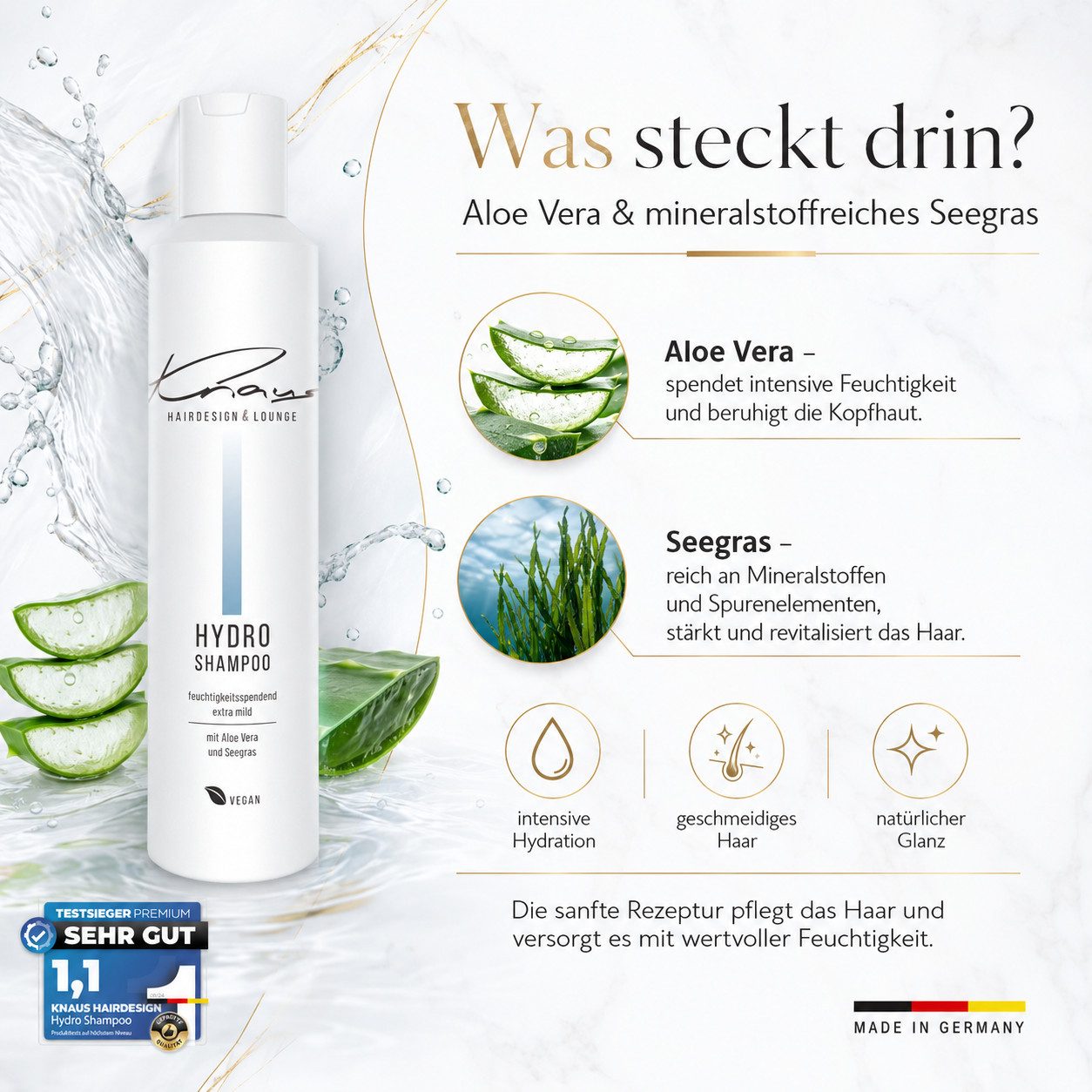 Knaus Hairdesign Haarshampoo B3 HYDRO Shampoo für trockenes, strapaziertes und gefärbtes Haar, Packung, Verleiht dem Haar Glanz & verbessert die Kämmbarkeit.