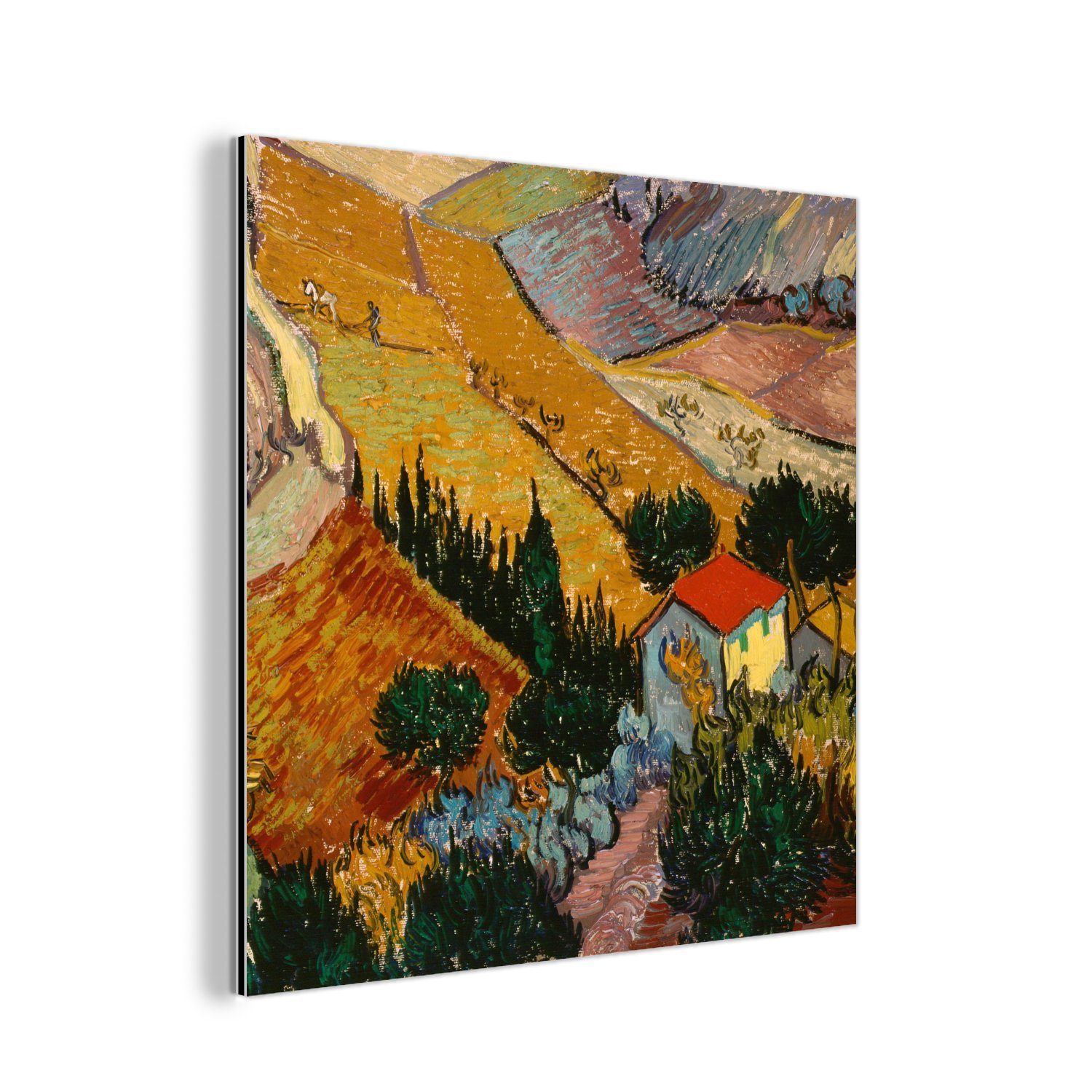 Gogh, und Metall, Alu-Dibond-Druck, St), Gemälde - Landschaft einem Vincent deko aus Metallbild Aluminium Haus van mit einem (1 Ackerbauern MuchoWow