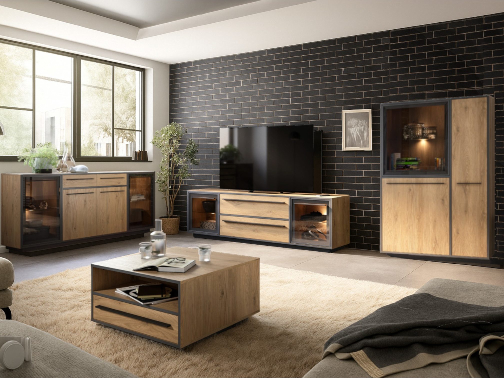 moebel-dich-auf Wohnwand NARDO, (Wildeiche / Absetzung: Anthrazit, Verschiedene Board-Sets), Braunglas, Softclose, inkl. LED-Beleuchtung