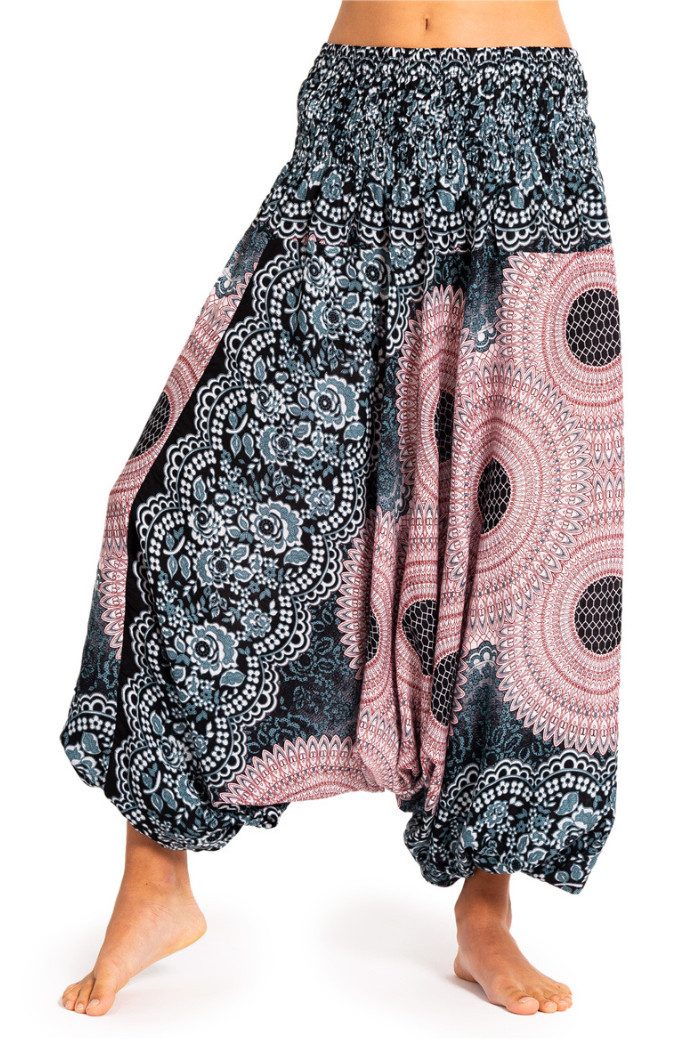 PANASIAM Pumphose Aladinhose im schönen Peacock Design Haremshose aus 100% natürlicher Viskose auch als Overall tragbar Damen Pumphose bequeme Freizeithose