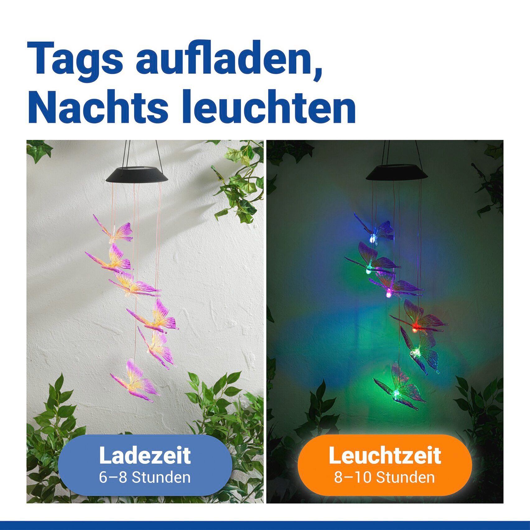 Maximex LED Gartenleuchte Modell Schmetterling, Ein-/Ausschalter, LED fest integriert, Extra-Warmweiß, solarbetriebenes Windspiel mit farbwechselnden LEDs