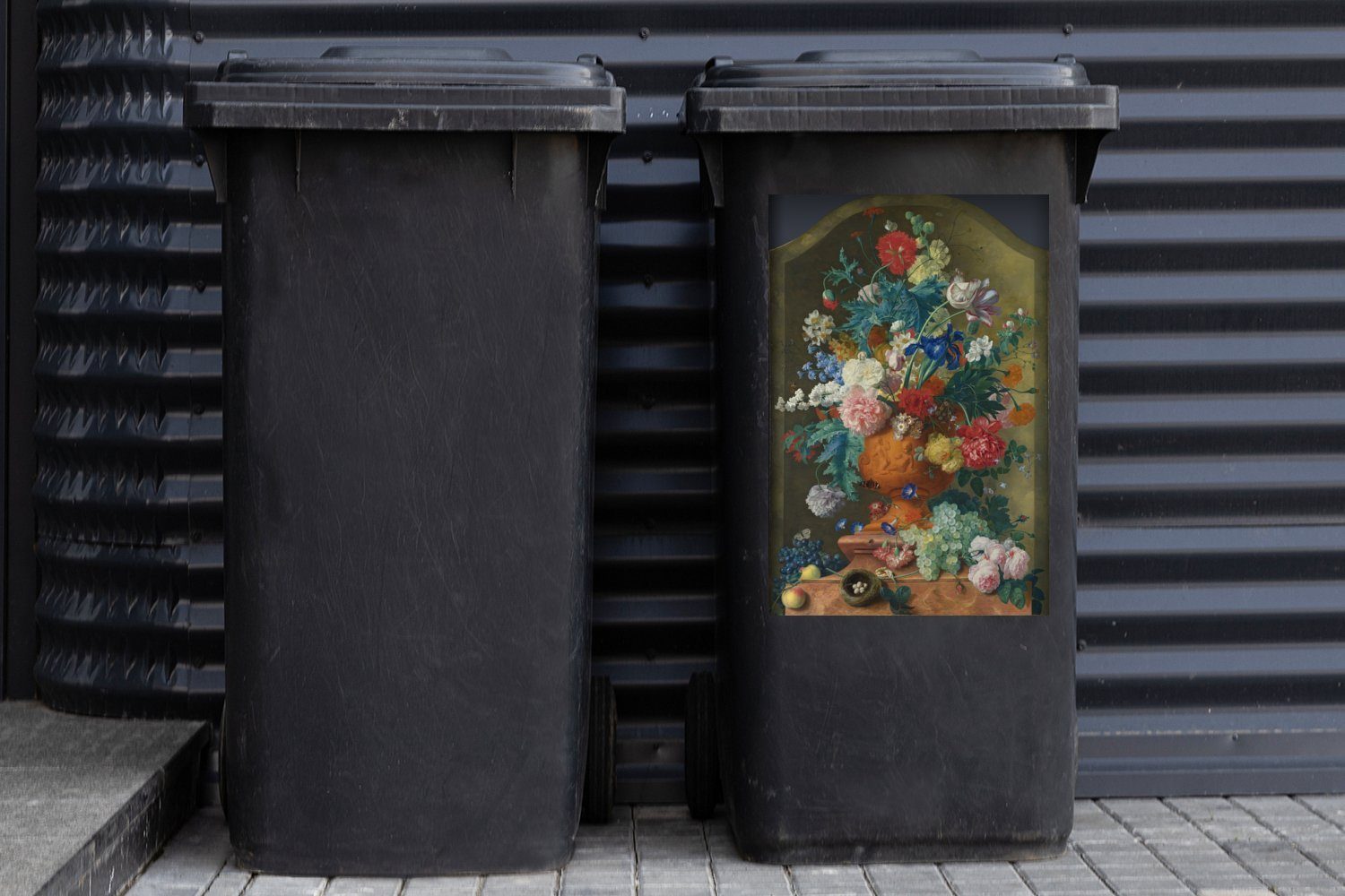 Abfalbehälter MuchoWow in Blumen Sticker, Jan Wandsticker Terrakotta-Vase einer Mülleimer-aufkleber, Container, - (1 Gemälde von Mülltonne, van Huysum St),
