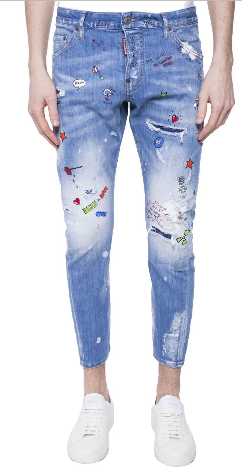 Dsquared2 5-Pocket-Jeans Skinny Fit „Sexy Twist“ Hose Used-Effekt 50 Bunte Applikationen wie Sterne, Herzen, Sprechblasen