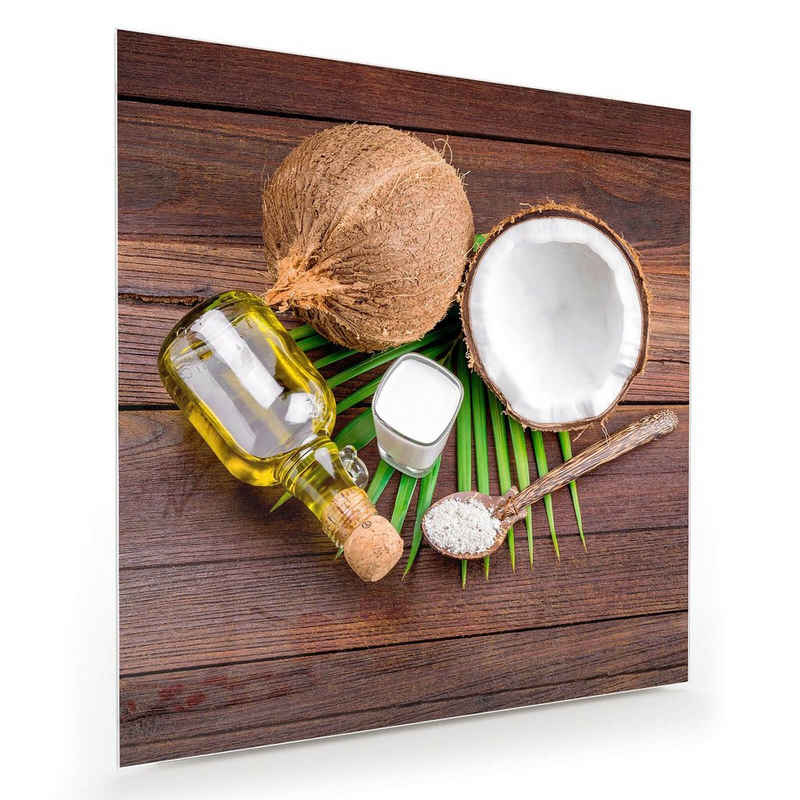 Primedeco Glasbild Wandbild Quadratisch Kokosmilch und Öl mit Aufhängung, Früchte