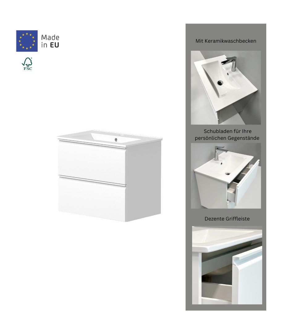 welltime Waschtisch Cosmos in verschiedenen Ausführungen inkl. Waschbecken, Badmöbel, Waschplatz mit 2 Schubladen, Soft-Close-Funktion, FSC®