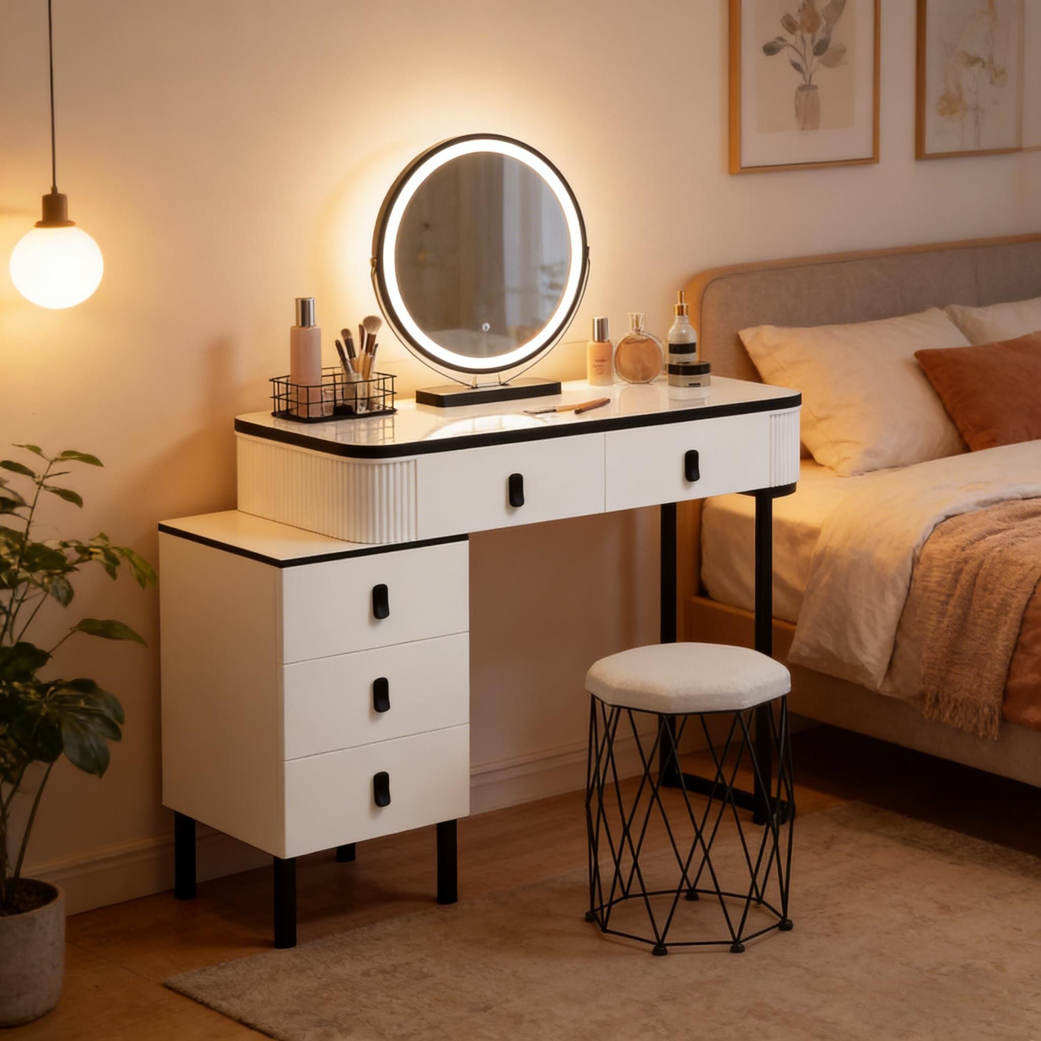 Fine Life Pro Schminktisch Umkleidetisch mit LED-Spiegel + Make-up Hocker – Weiß/Schwarz