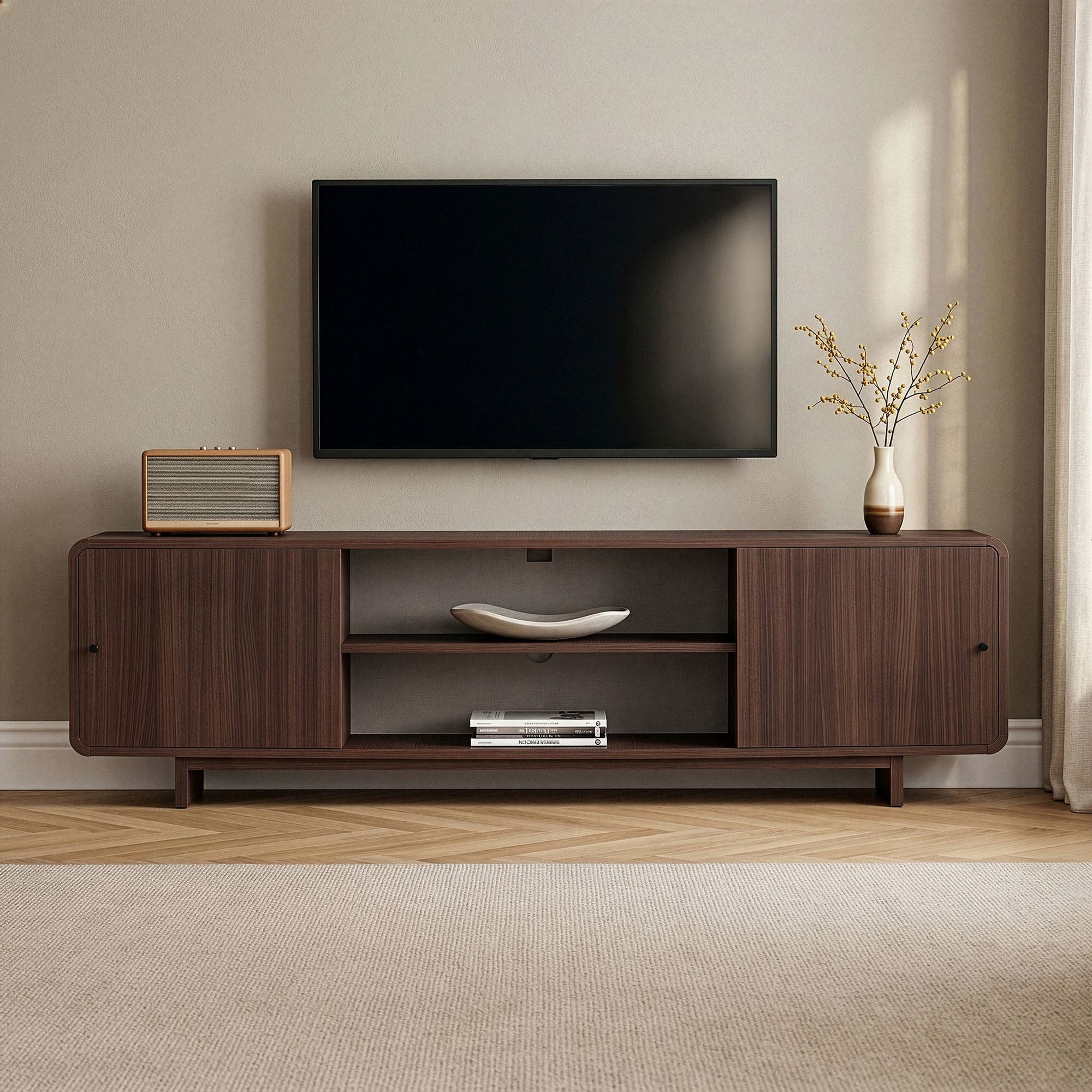 Skye Decor Konsolentisch Japandi Muji Mirel (1-St., 1 TV-Lowboard), Breite 180 cm, mit offenen und geschlossenen Stauräumen