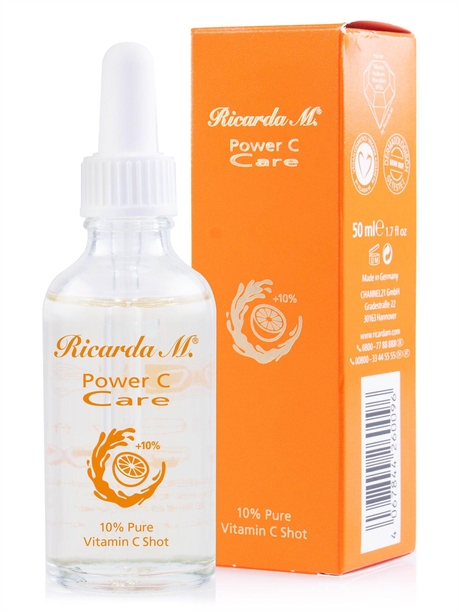 Ricarda M. Gesichtsserum Gesichtsserum "PCC 10 % Pure Vitamin C Shot" Anti-Aging, 50 ml, 1-tlg., Mit Vitamin E & Traubenkernöl, hemmt Kollagenabbau