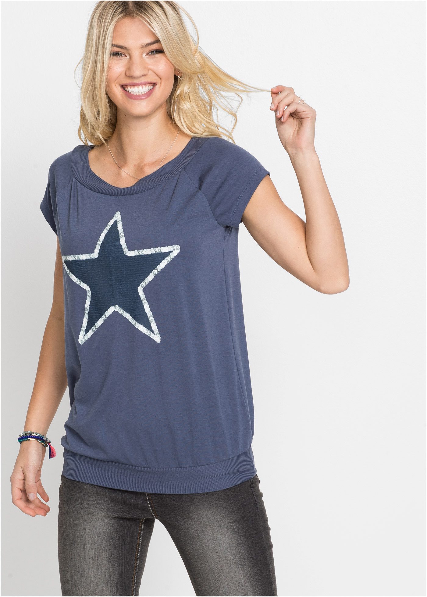 bonprix T-Shirt bequeme Passform, U-Boot-Ausschnitt, Rippbündchen
