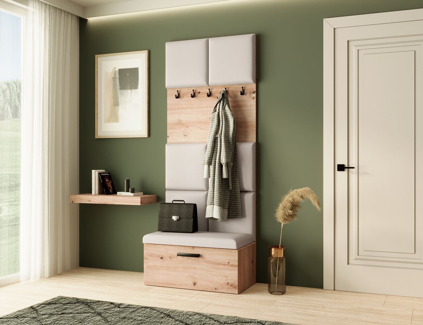 Beautysofa Garderobenschrank MARGARET I mit gepolsterten Paneelen und Kleiderhaken