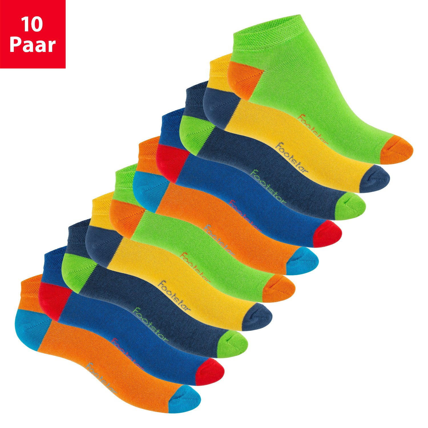 Footstar Sneakersocken 10 Paar Sneaker Socken für Damen & Herren - Bunte Ferse & Spitze