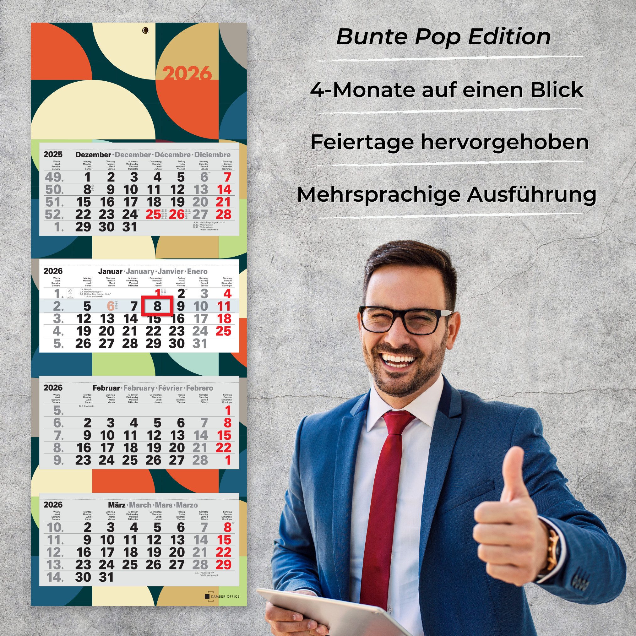 Kamber Office Wandkalender 4-Monatskalender 2027 mit Schieber Büro Kalender Bunt, Retro Design, Viermonatskalender 2027 groß mit Datumsschieber Jahreskalender f – Bild 3 von 5